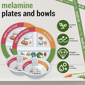 4 Pcs Portion Control Plates & Bowls Set (9 Inch), Self-Measuring for Weight Loss, Gastric Bypass, LapBand, Diabetes, Healthy Diets, Divided Nutrition Plates for Adults & Children