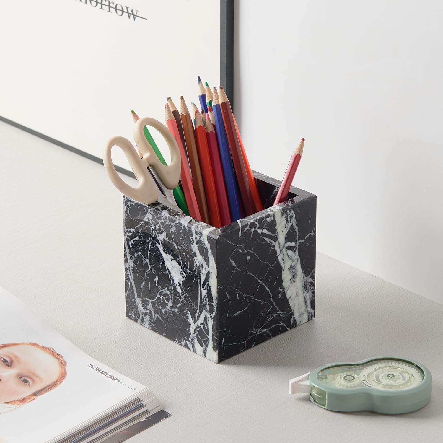 Real Luxurious Natural Marble Toothbrush Holder & Makeup Brush Organizer & Pen Holder for Desk,3.93inch Square Marble Utensil Holder Non-Ceramic/Non-Resin （Black）