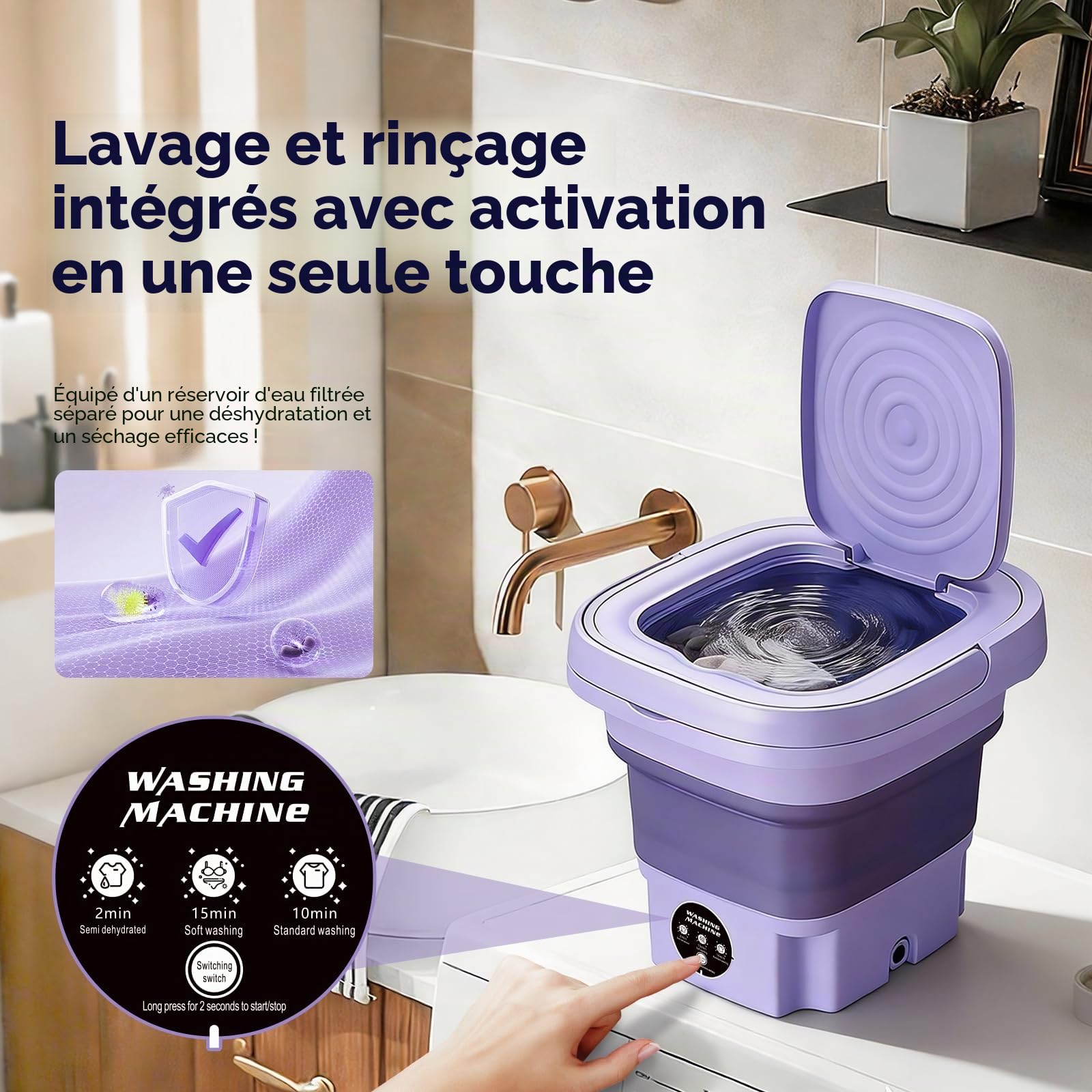 Mini machine à laver pliable portable voyage tuyau vidange adaptateur violet