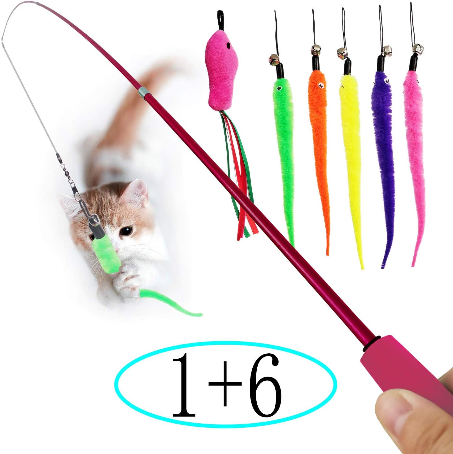 ZJT Cat Toy Interactive Cat Wand, 1 PCS Retractable Cat Wand Toy and 1 PCS Replacement Fish, 5 PCS Replacement Worms. (red)