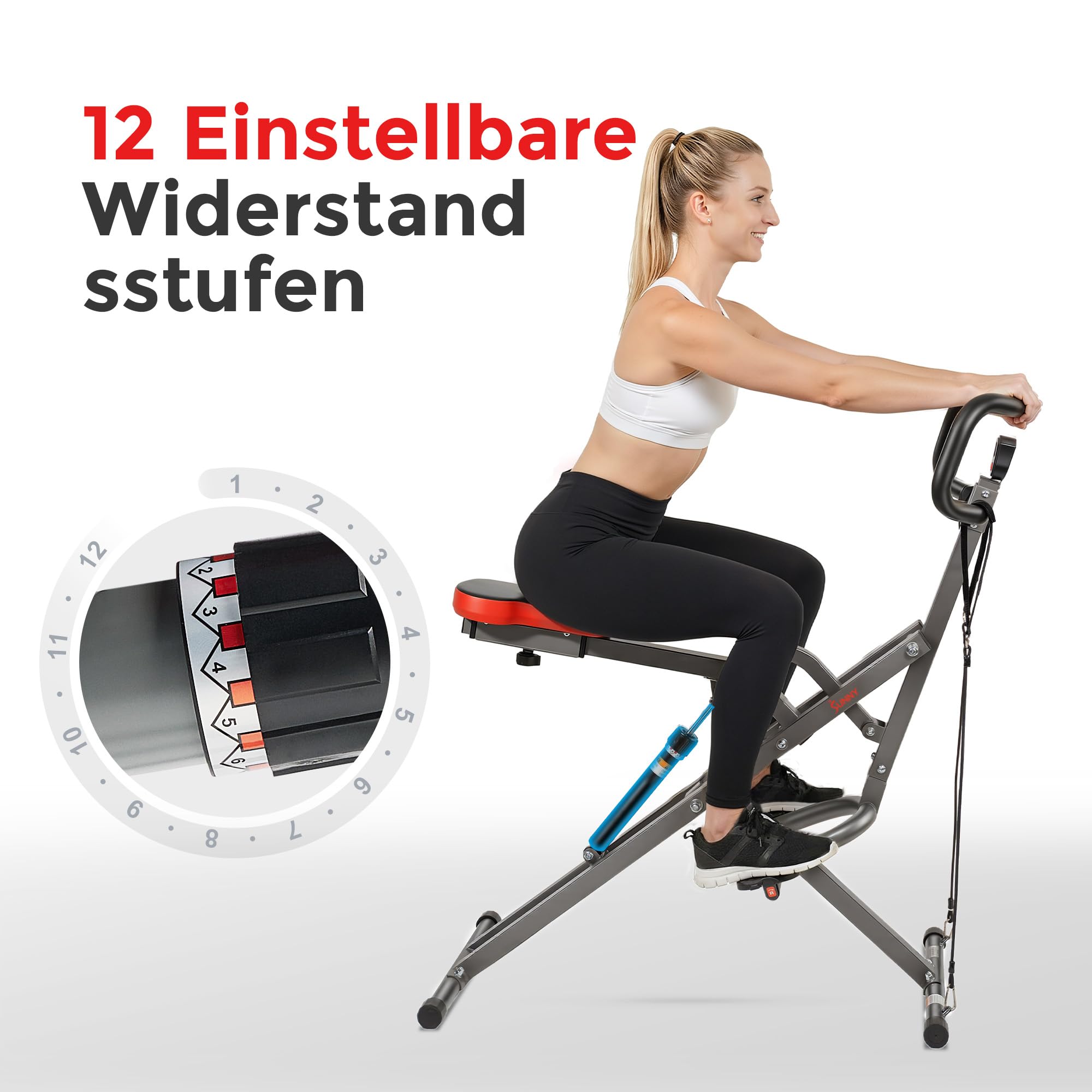 Sunny Health & Fitness Row-N-Ride PRO Ganzkörper Squat Trainingsgerät mit Optionale Widerstandsband, Einfach Aufzubauende Bauch und Ganzkörper Cardio Trainingsgerät für Zuhause, Optionale SunnyFit App