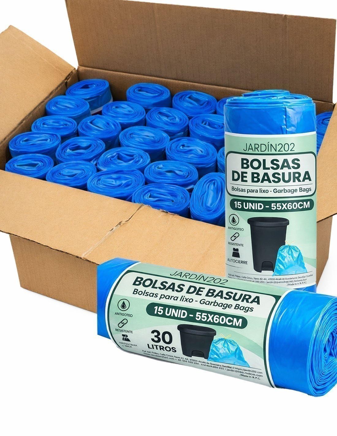 JARDIN202 - Bolsas de Basura 30L Antigoteo Perfumadas Cierre Facil Resistentes 55x60cm Rollo 15 Unidades para Cocina y Baño | Pack 30 uds
