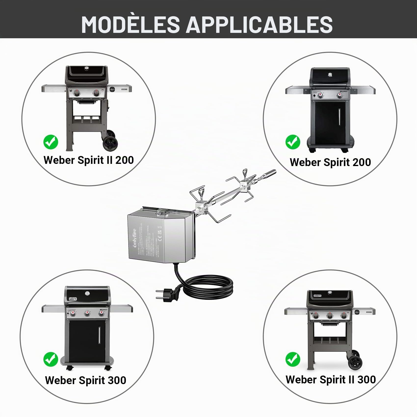 Onlyfire BRK-6045 INOX Grill Rotisserie tournebroche Kit s’adapte pour Weber Spirit 200/300 & Spirit II Serie 200/300 Gasgrills