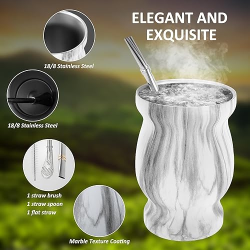 Miniatura 2 de Taza de yerba mate, juego de tazas de té de acero inoxidable de 8 onzas con cepillo para pajilla, cuchara para popote y popote plano, taza de té de