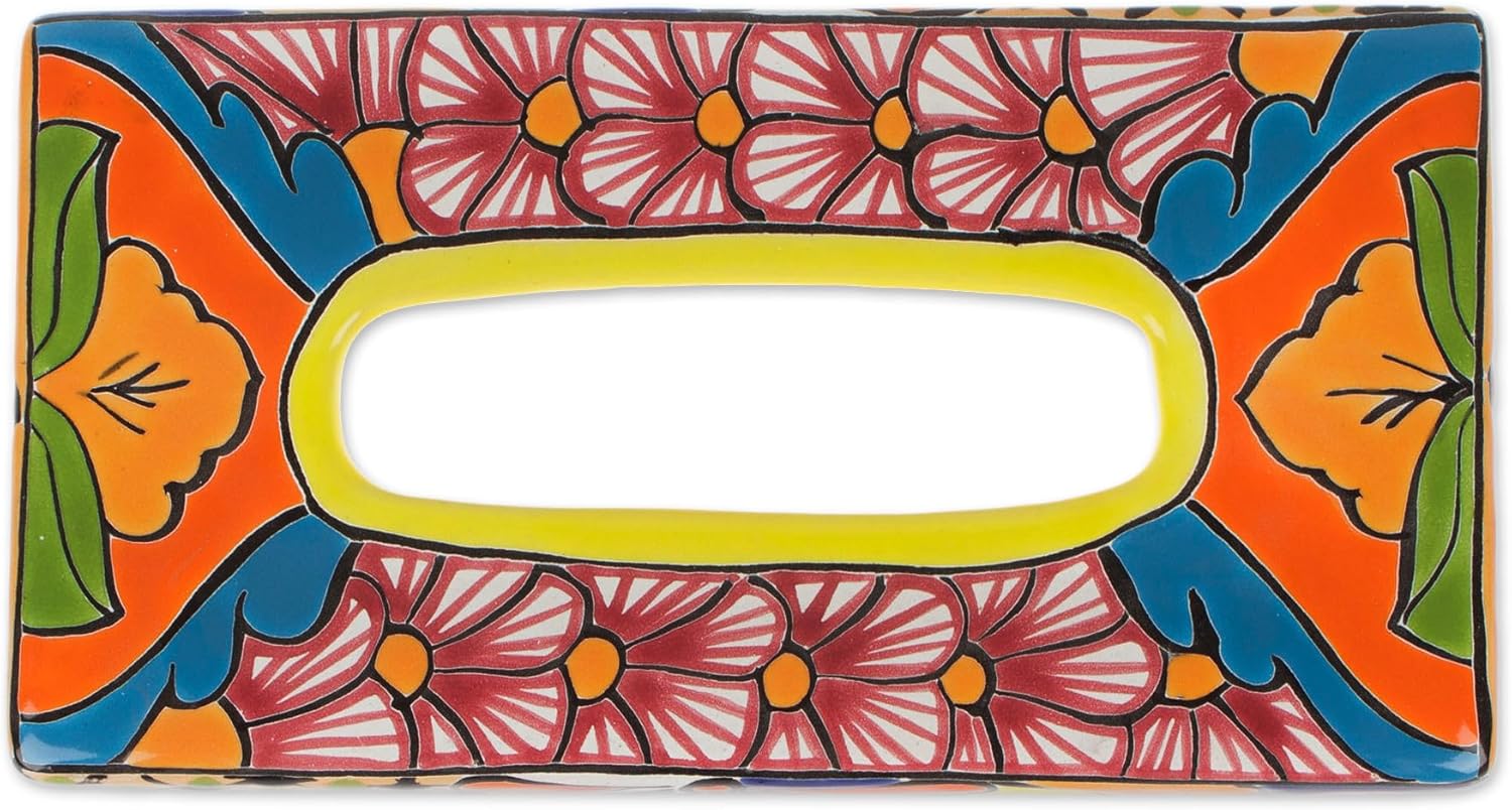 NOVICA Artisan Crafted Ceramic Tissue Box | Talaverastyle Cover Floral | Multicolor Decor Accessories | Vanity Folk Art | Floral Motifs | Mexico ' Hacienda Convenience' 2.8" H x 11" W x 5.75" D
