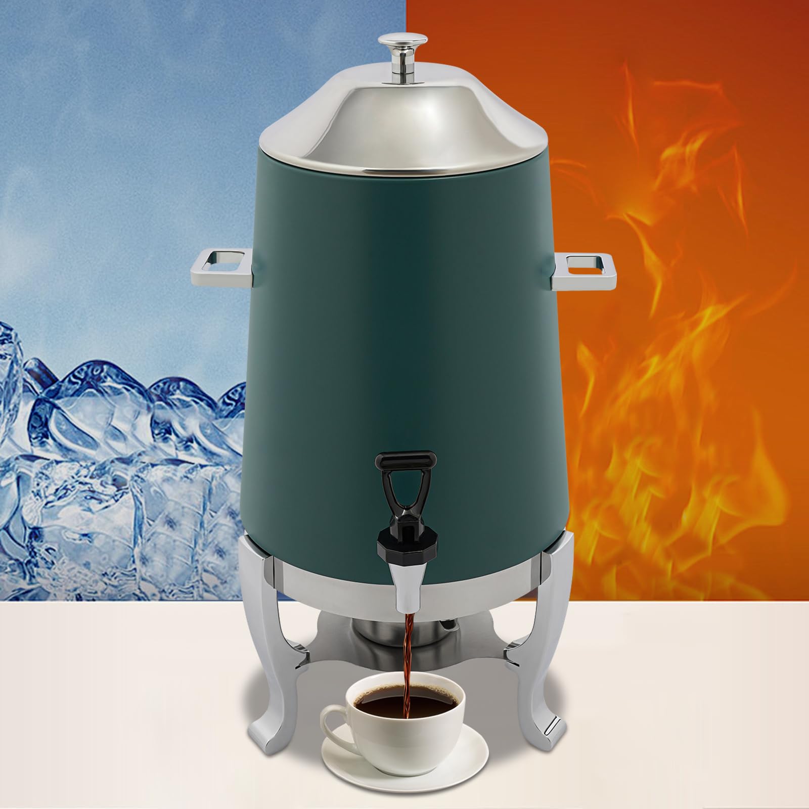 13L Commercial Coffee Urn Electric & Alcohol Heating, Stainless Steel Water Dispenser for Coffee Tea Juice Milk, Beverage Dispenser with Stand for Tea Party Buffet Catering (Green)