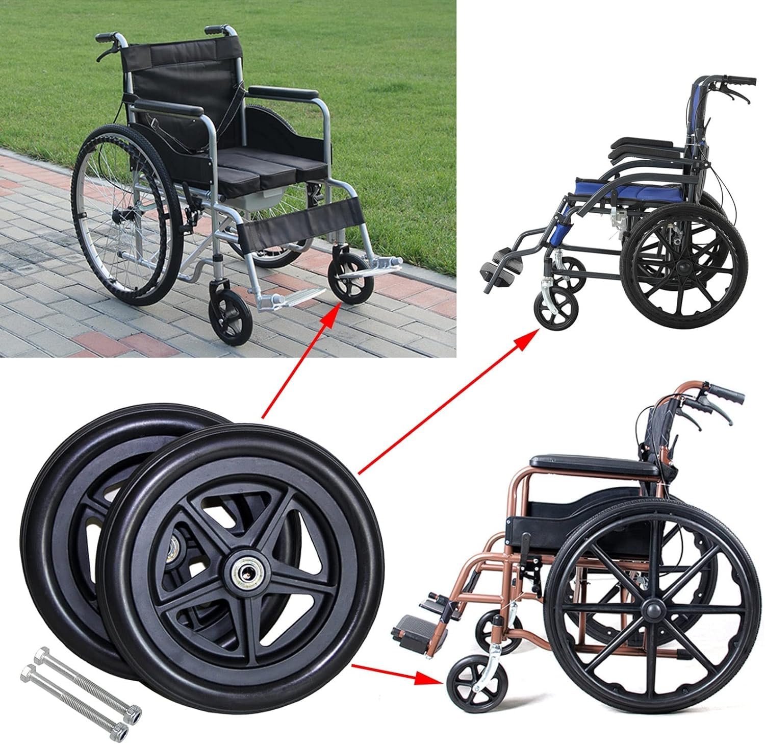 Kółka do wózków inwalidzkich - 2 szt., przednie koła zamienne do wózków inwalidzkich, łożysko 5/16", szerokość piasty 2", 6" 7" 8" - czarne, koła zamienne do wózków inwalidzkich i balkoników
