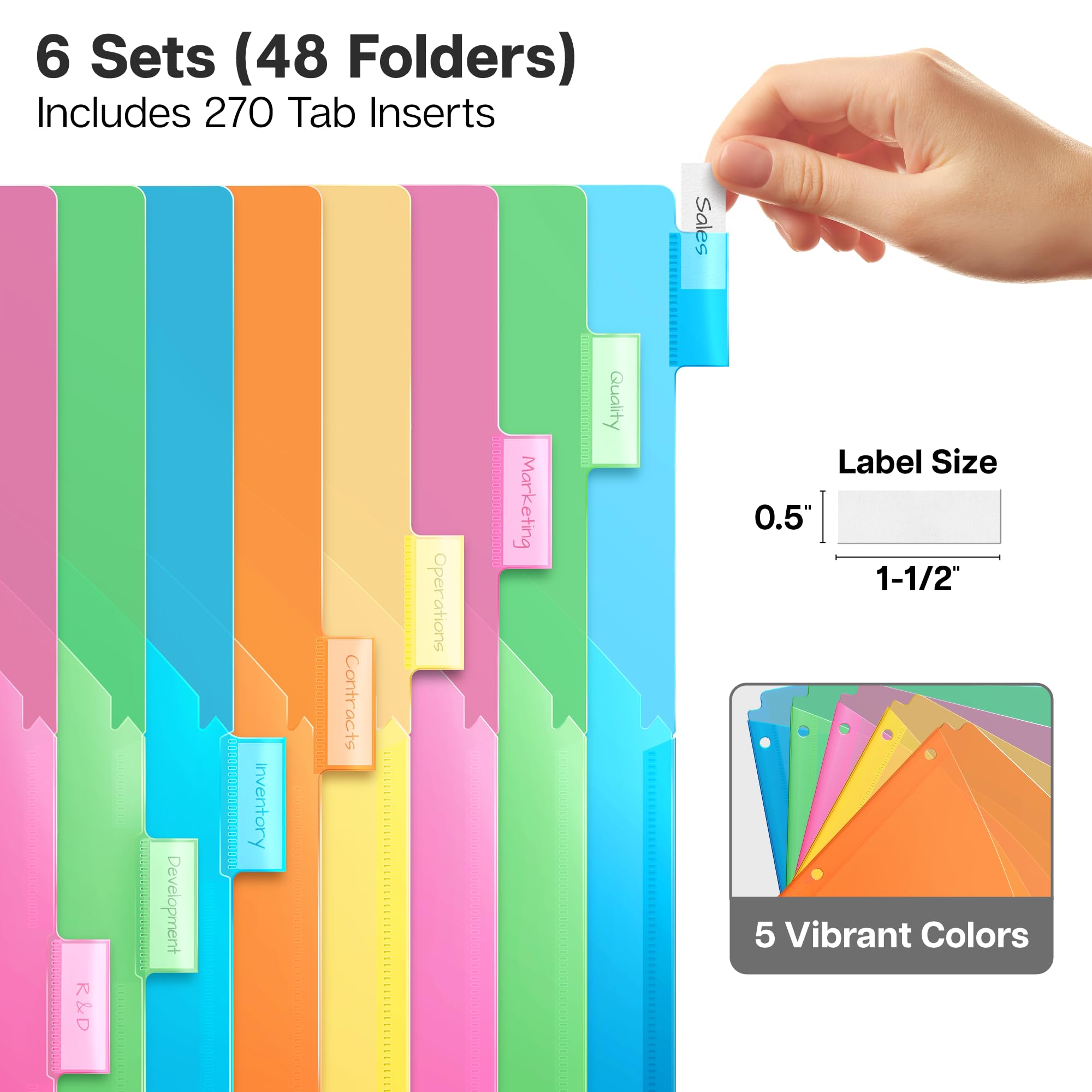 Dunwell Lot de 6 pochettes intercalaires à 2 poches à 8 onglets (6 ensembles, 48 pièces), 5 couleurs, intercalaires en plastique pour cahiers à 3 anneaux, avec inserts d'étiquettes, polyester durable