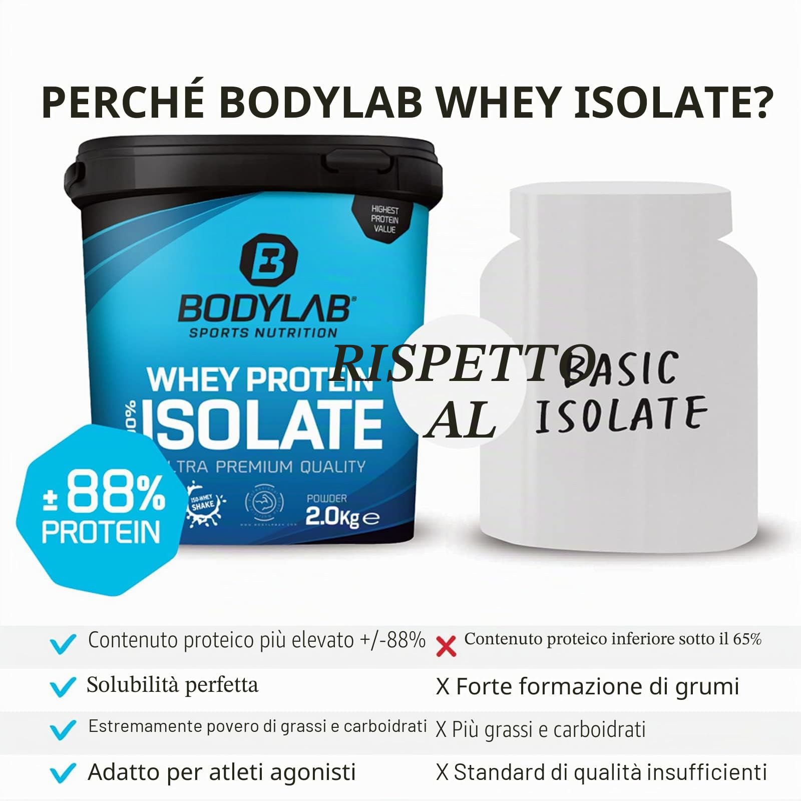 Whey Protein Isolate Neutro 2kg Bodylab24, proteine in polvere a base di siero del latte isolato, in grado di favorire la costruzione muscolare, senza aspartame