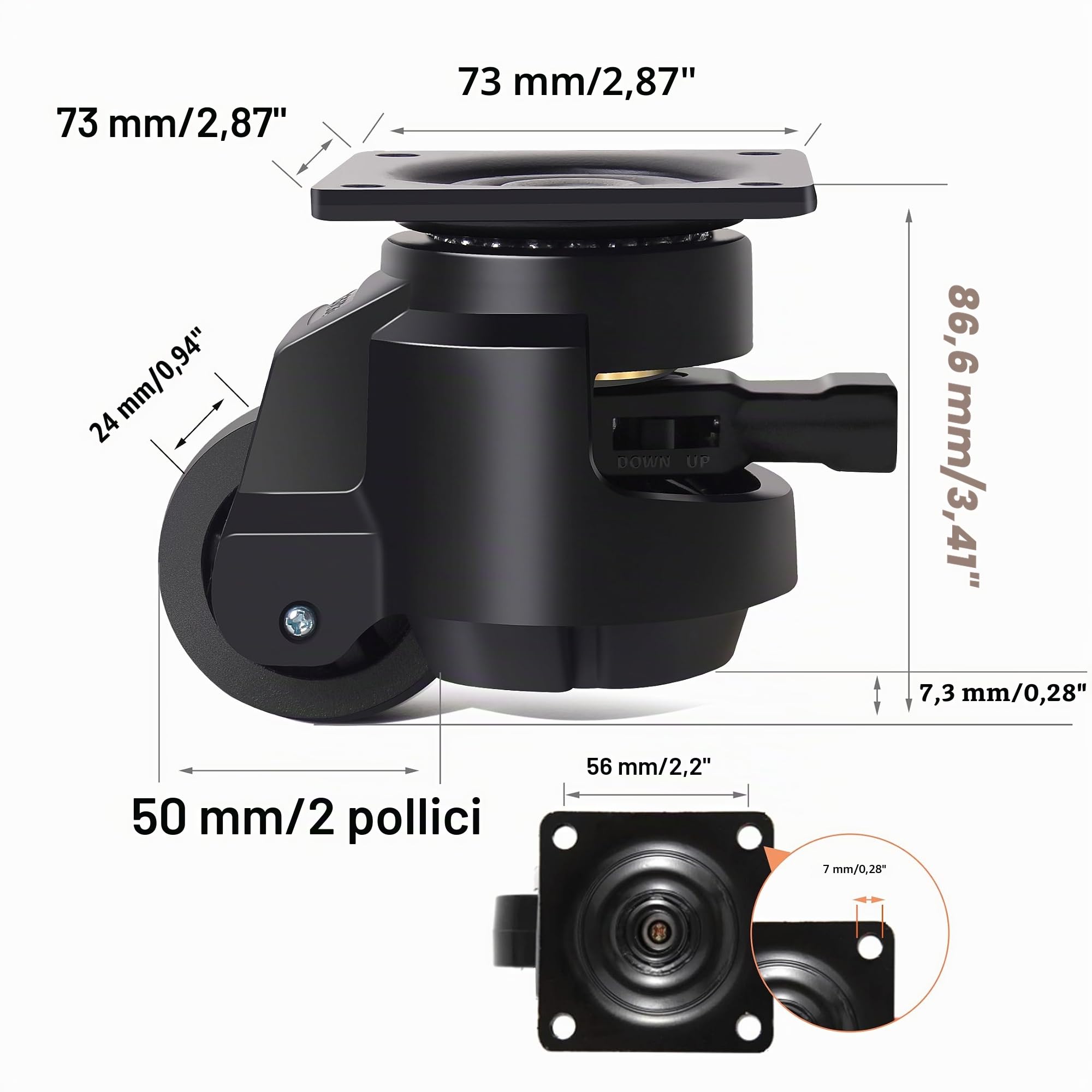 Rotelle per Mobili Pesanti Capacità 1000kg, 50mm Ruote Girevoli con Impugnatura a Cricchetto Regolabile, Ruotelle Pesanti Rotelle Pivotanti a 360 Gradi, Silenzioso, Set di 4