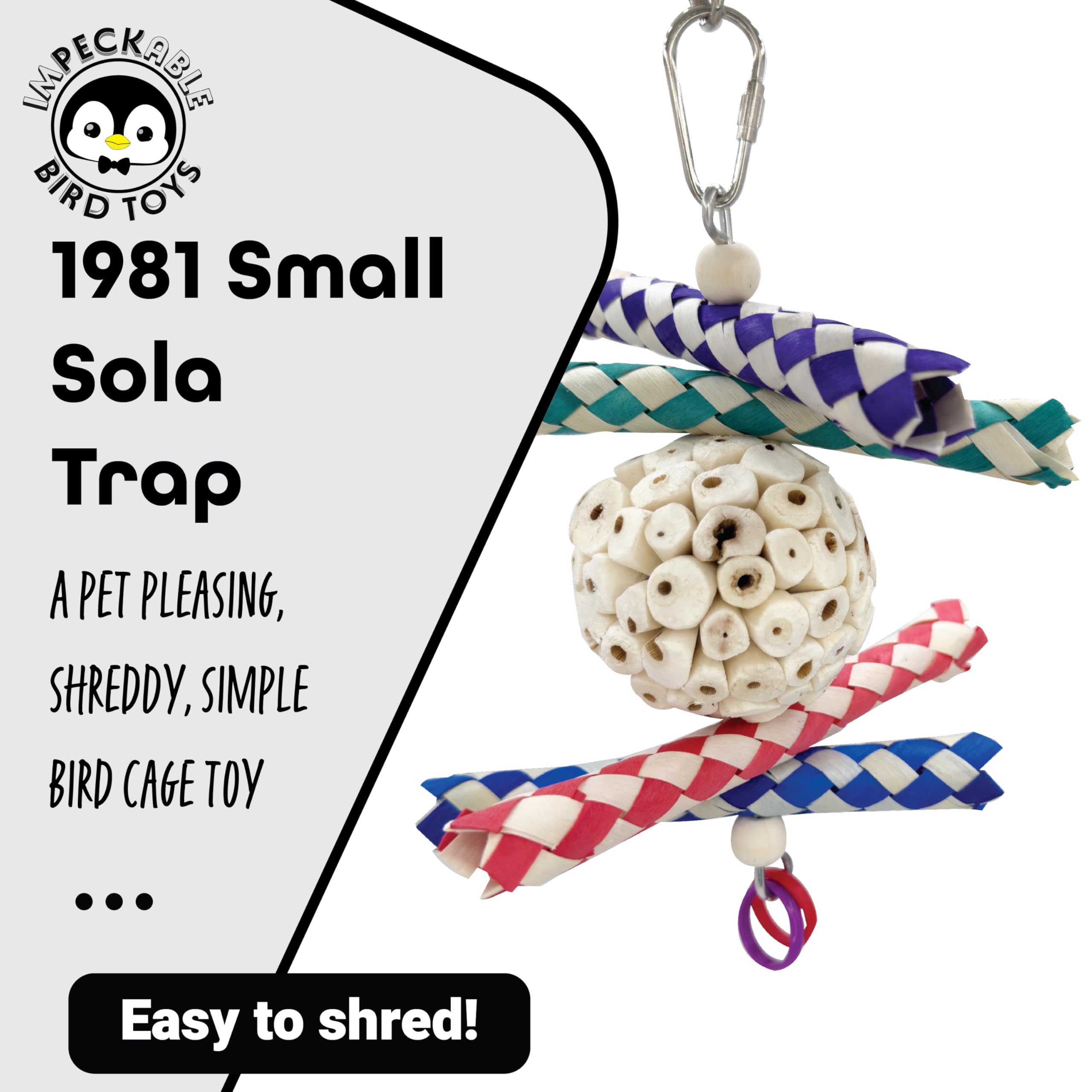 1981 Small Sola Trap Bird - Handcrafted with easy to shred parts, Natural sola wood ball, Colorful bamboo finger traps, Colorful rubber rings, Great for small size pets Budgie Finch Lovebird Cockatiel
