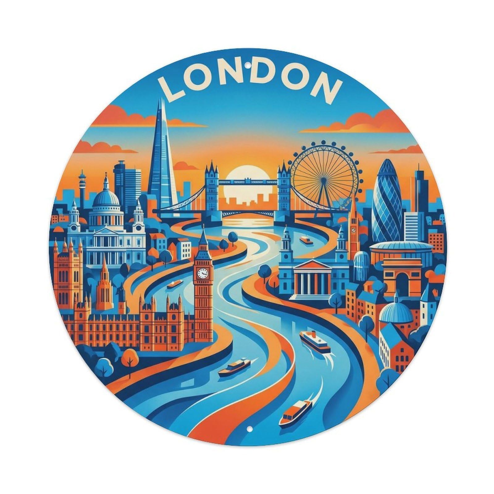 London European Skyline Classic Panorama Europe Destination Metal Tin Sign Plaque Wall Decor for Cafe, Man Cave, Club Bar, Office, Home Garden Round Metal Poster 8x8Inch