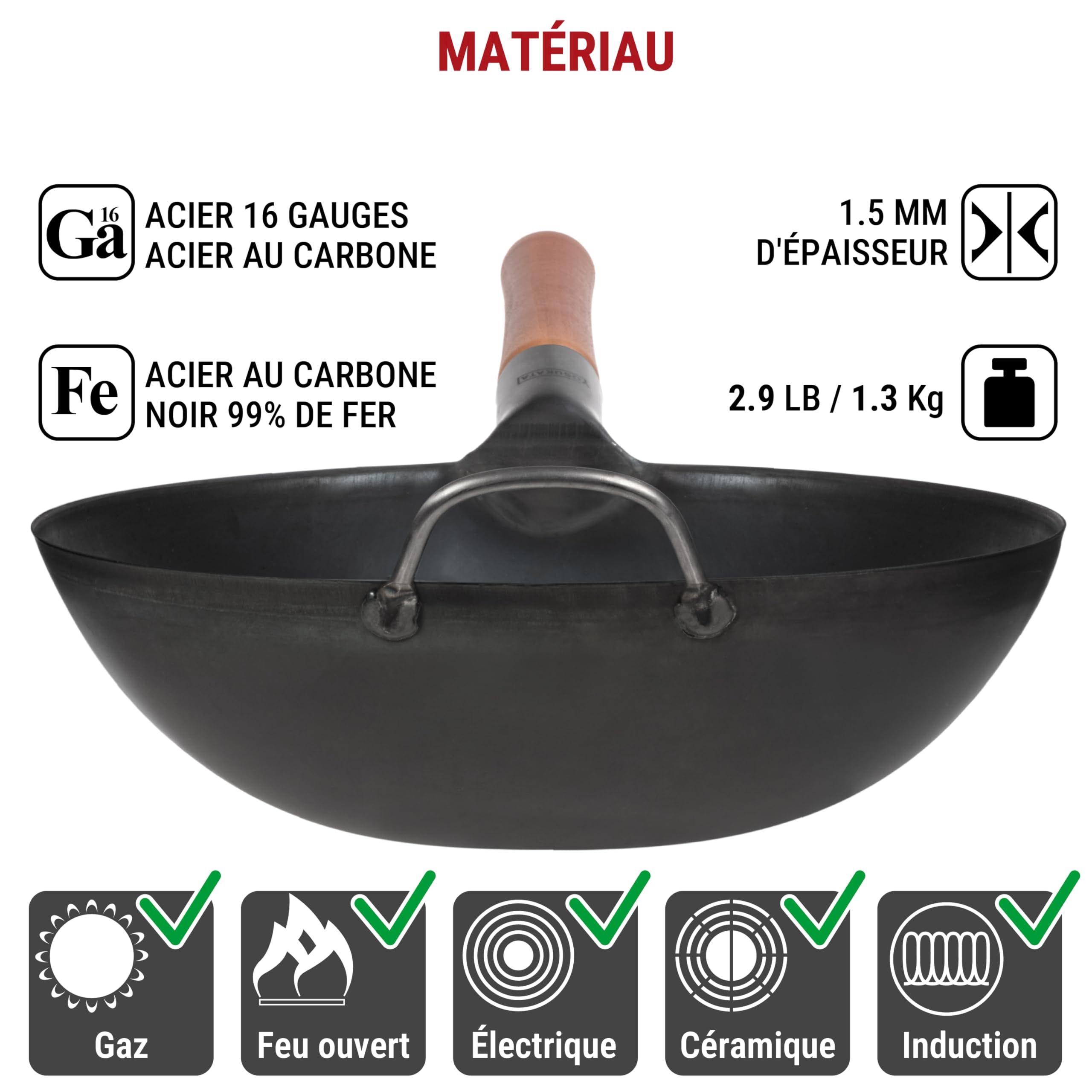 YOSUKATA Woks Et Poêles à Frire 30 cm à Fond Plat Pré-assaisonné Chinois Traditionnel - Wok Acier Carbone Noir Pour Induction, Plaques Électriques, Gaz, Feu Ouvert - Pour Sauté, Barbecue et Camping