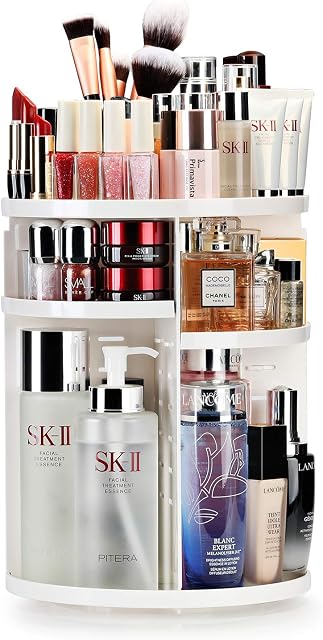 Auxmir Make Up Organiser, Beauty Cosmetic Organiser, 360° Rotatable, Makeup Storage Cosmetic Box for Dresser, Bathroom, Bedroom, White