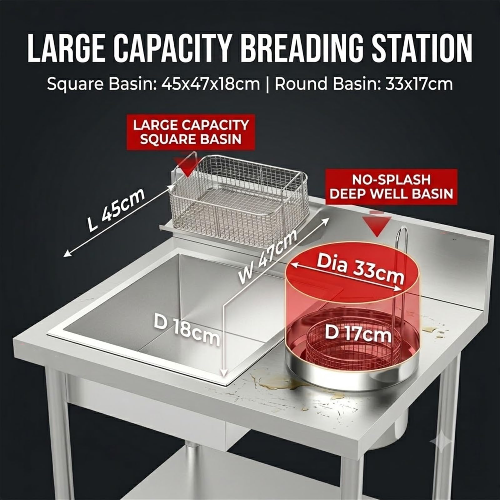Tavolo Da Lavoro Professionale Acciaio Inox 304 Con Vasche Profonde, Stazione Panatura Robusta Per Cucina Ristorante Fritto(80x55x80cm)