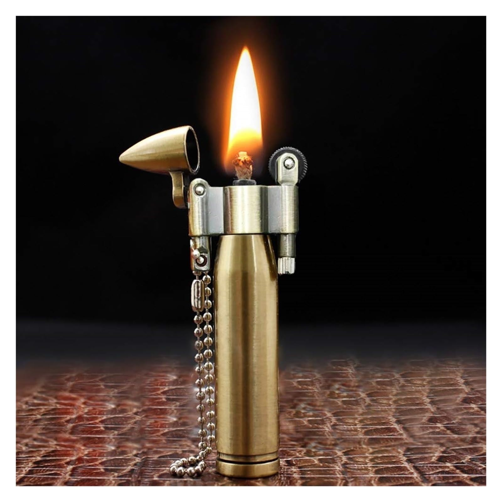 Kerosene lighter, old-fashioned grinding wheel kerosene lighter, compact and convenient lighter, refillable fuel lighter with keychain pendant (no fuel)(GoldA)
