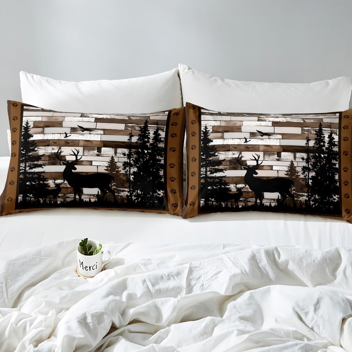 jejeloiu Rustic Deer Bedding Set Wild Animals Hunt Duvet Cover for Kids Boys Girls Brown Wooden Comforter Cover Paw Print Bedspread Cover Bedroom Collection 2Pcs Toddler Size,No Comforter