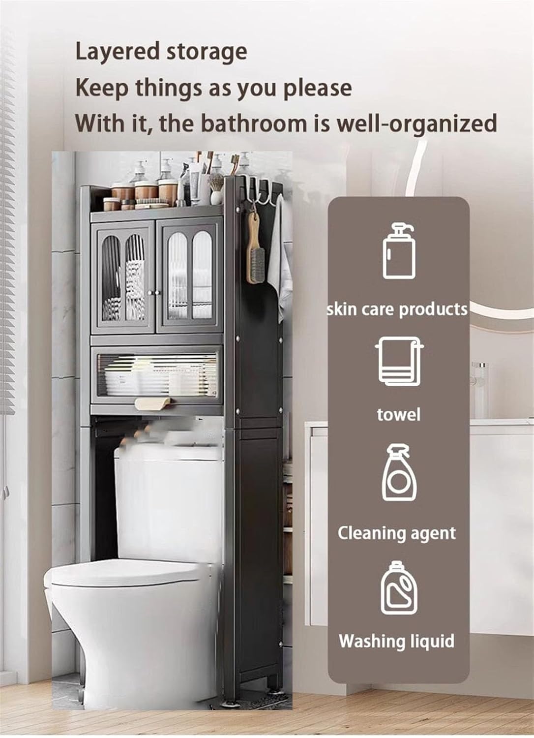 Over The Toilet Storage Organizer, Freestanding Bathroom Cabinet with Pull-Out Drawer, Space-Saving Toilet Rack for Home and Restroom Use (Black, 70CM)