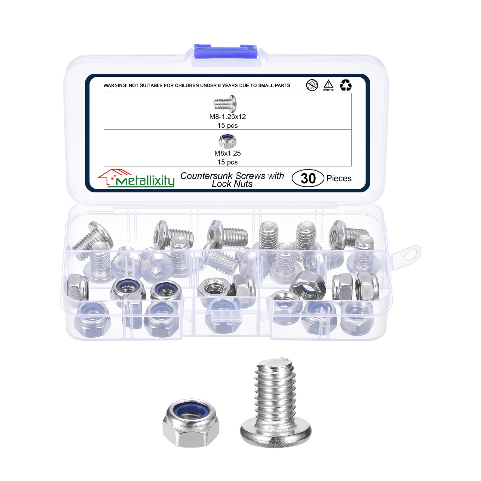METALLIXITY Crib Screws Replacement Set(M8-1.25x12) 30Pcs, Silver Tone, 304 Stainless Steel Hex Socket Furniture Bolts Screws