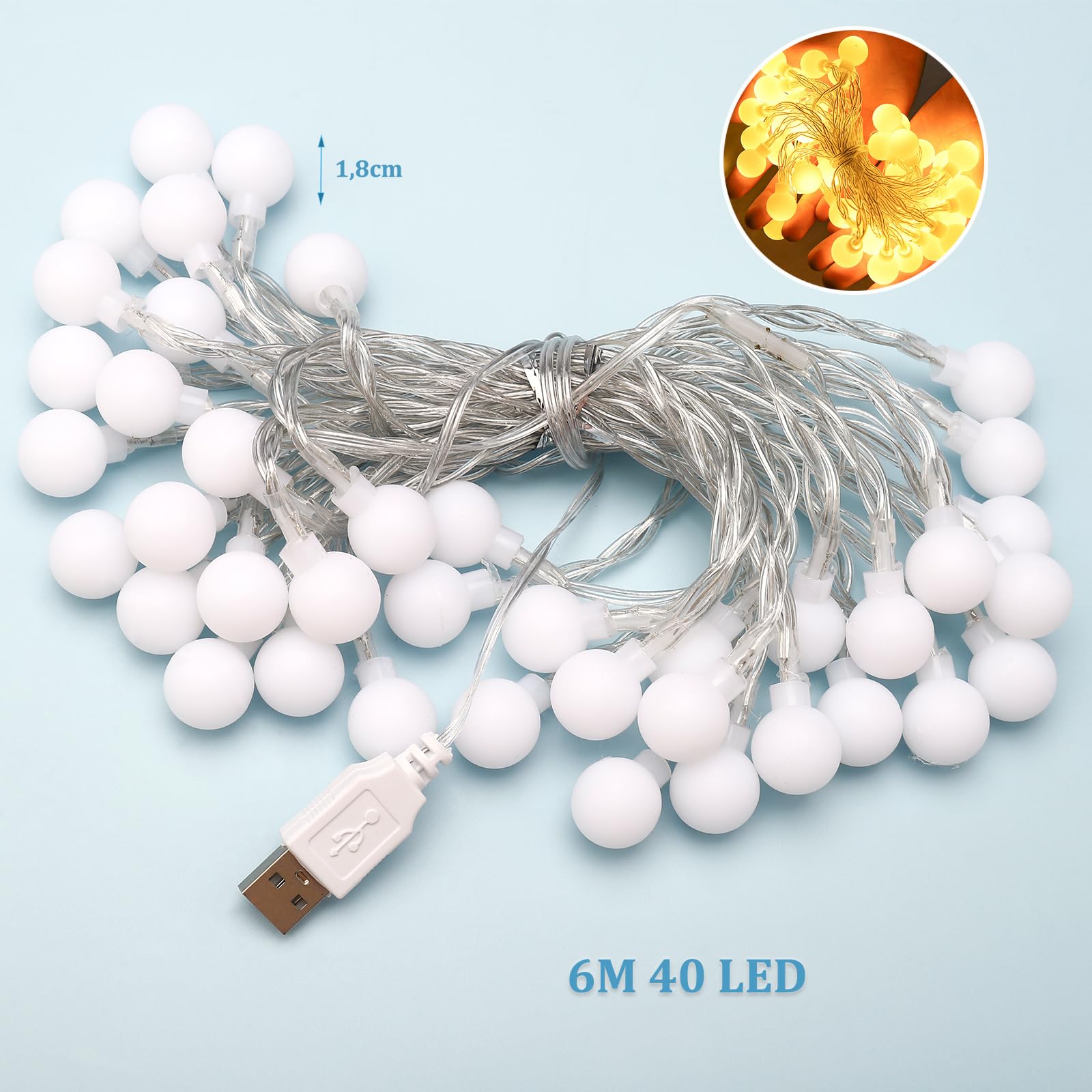 ENLACE Łańcuch świetlny do wnętrz, 6 m, 40 diod LED, ciepła biel, zasilanie USB, łańcuch świetlny na wesele, imprezę, Boże Narodzenie, balkon, kemping, do użytku wewnątrz i na zewnątrz