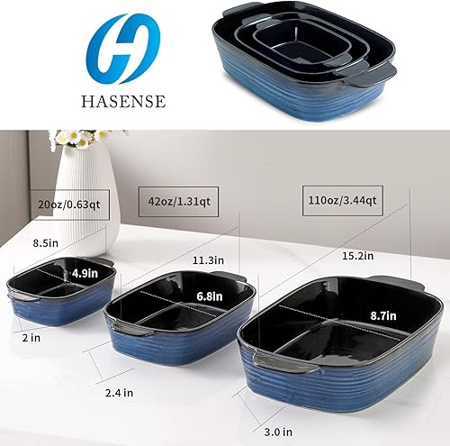 Vista 2 de Hasense Cacerola para horno, juego de 3 utensilios de cerámica para hornear, platos grandes para hornear con asa, sartenes de lasaña antiadherentes