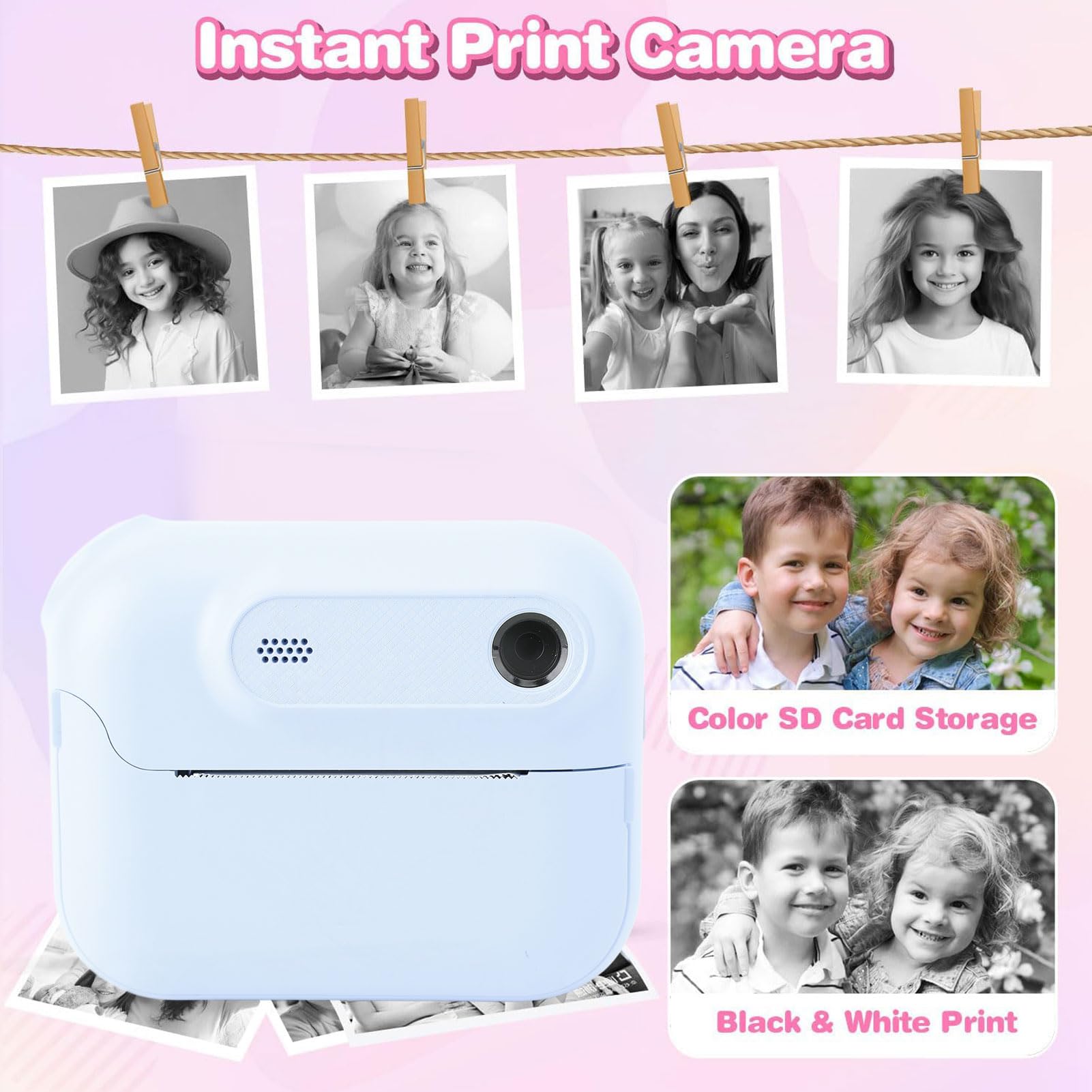 Sofortdruckkamera für Kinder, 48MP 1080p HD 6X Zoom Digitale Videokameras für Kleinkind, Tragbare Reisekamera Weihnachtsgeburtstag Geschenke Spielzeug (Blue)