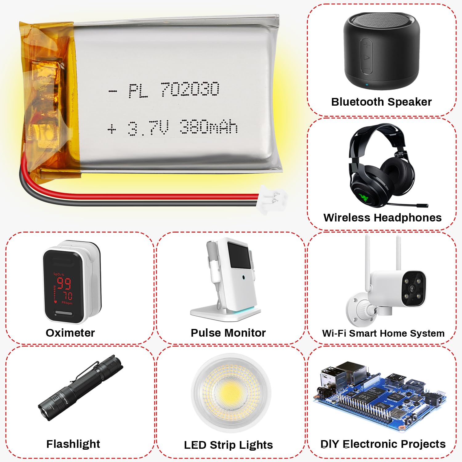 Batería LiPo 3.7V 380mAh 702030 - Batería de polímero de Litio Recargable con Placa de protección y Conector Micro JST 1.25 para Dispositivos electrónicos — view 6