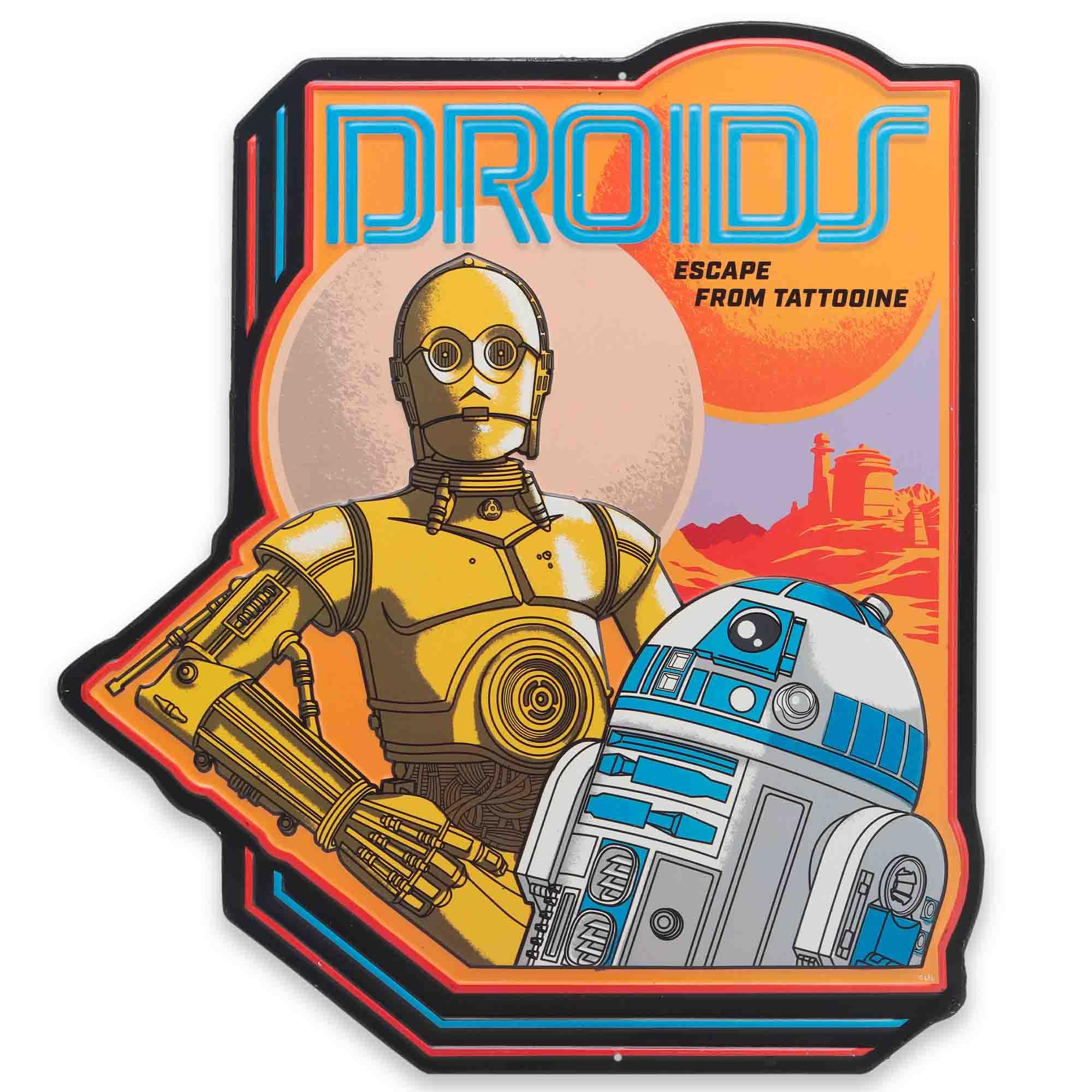 Cartel metálico en relieve Disney Star Wars de los droides escapando de Tatooine, retro, con R2-D2 y C-3PO para la pared del hogar.
