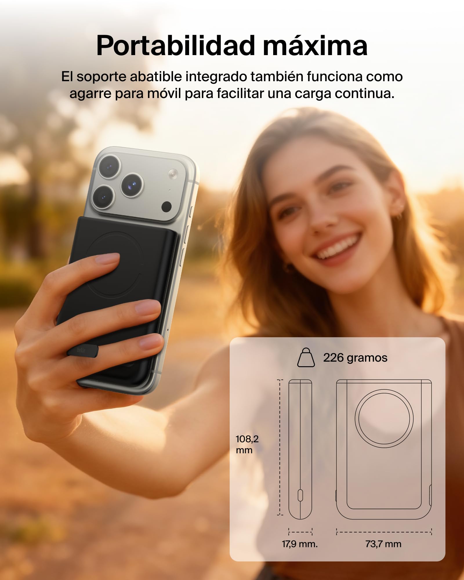 Belkin BoostCharge Batería Externa Magnética 10000 mAh con Soporte - Negro | Power Bank de 10000 mAh, Anillo Magnético, 1 Puerto USB-C, Cable Incluido, Apta como Equipaje de Mano, Batería Portátil