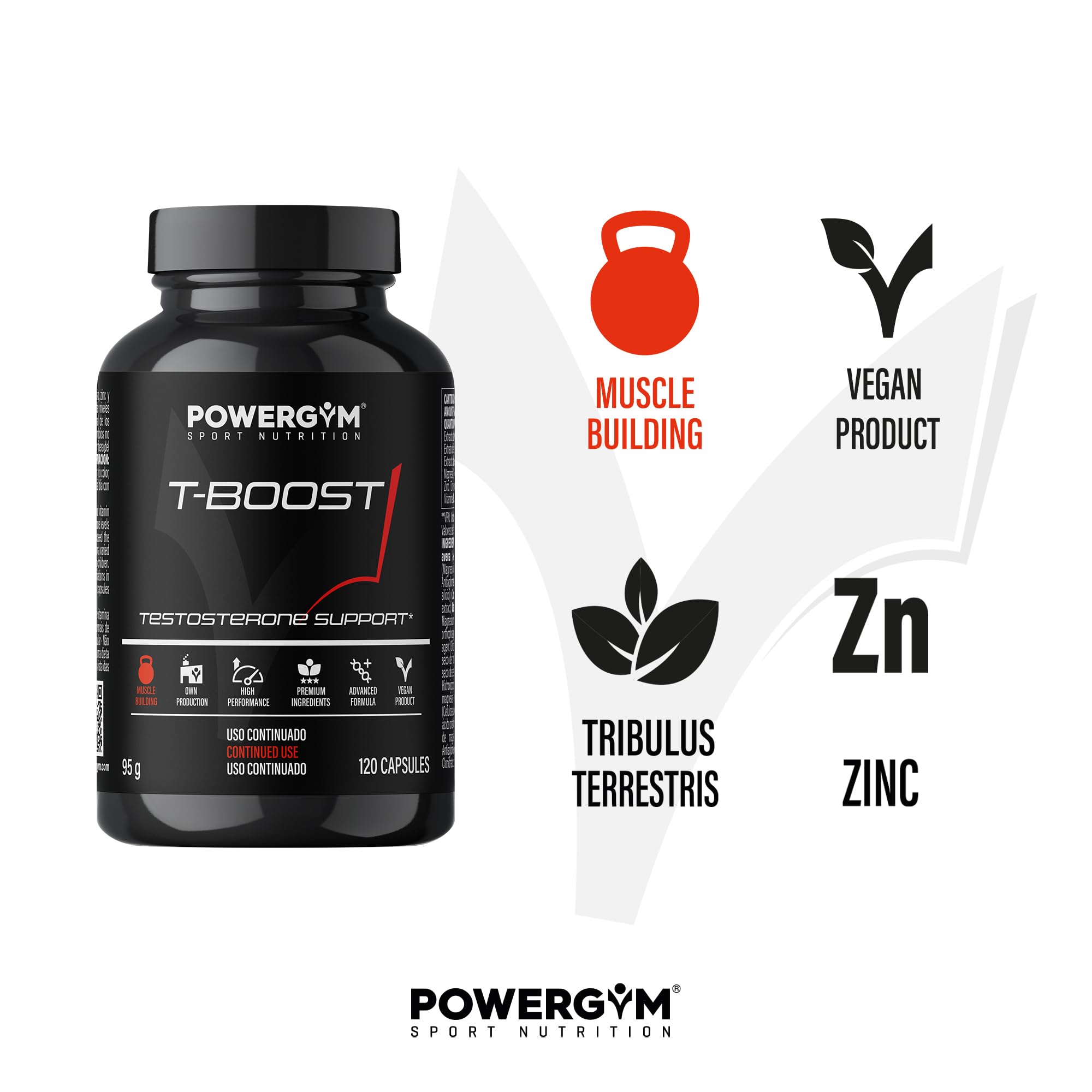 POWERGYM | Tboost 120 Cápsulas Potenciador muscular natural, mejora el crecimiento y recuperación muscular – Formula con tribulus terrestris, magnesio, zinc y vitamina B6