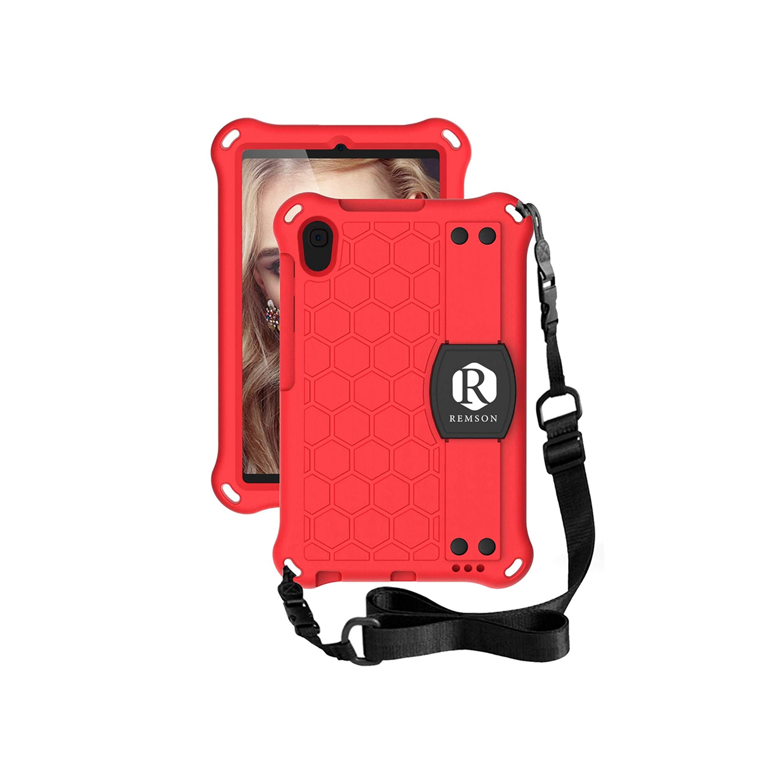 Remson Slim Shockproof Impact-Resistant Silicone Stand Smart Cover Case with Hand Strap,Shoulder Strap For Huawei MatePad T8 8.0 (Red/Black)