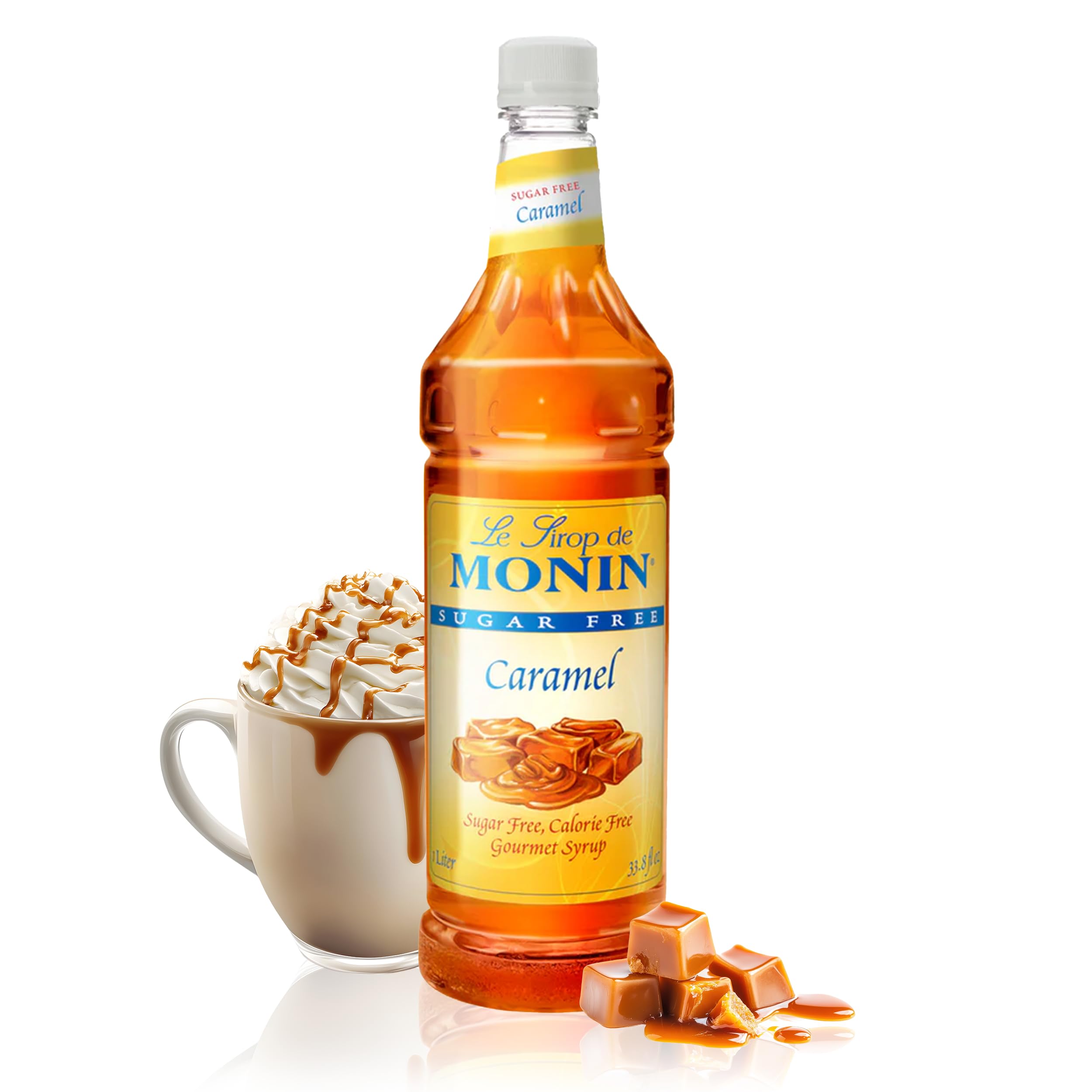 Monin - Sugar Free Caramel Syrup, Sweet and Buttery Caramel Flavor, Great for Lattes, Cappuccinos, & Unique Cocktails, Vegan, Non-GMO, Gluten-Free (1 Liter)