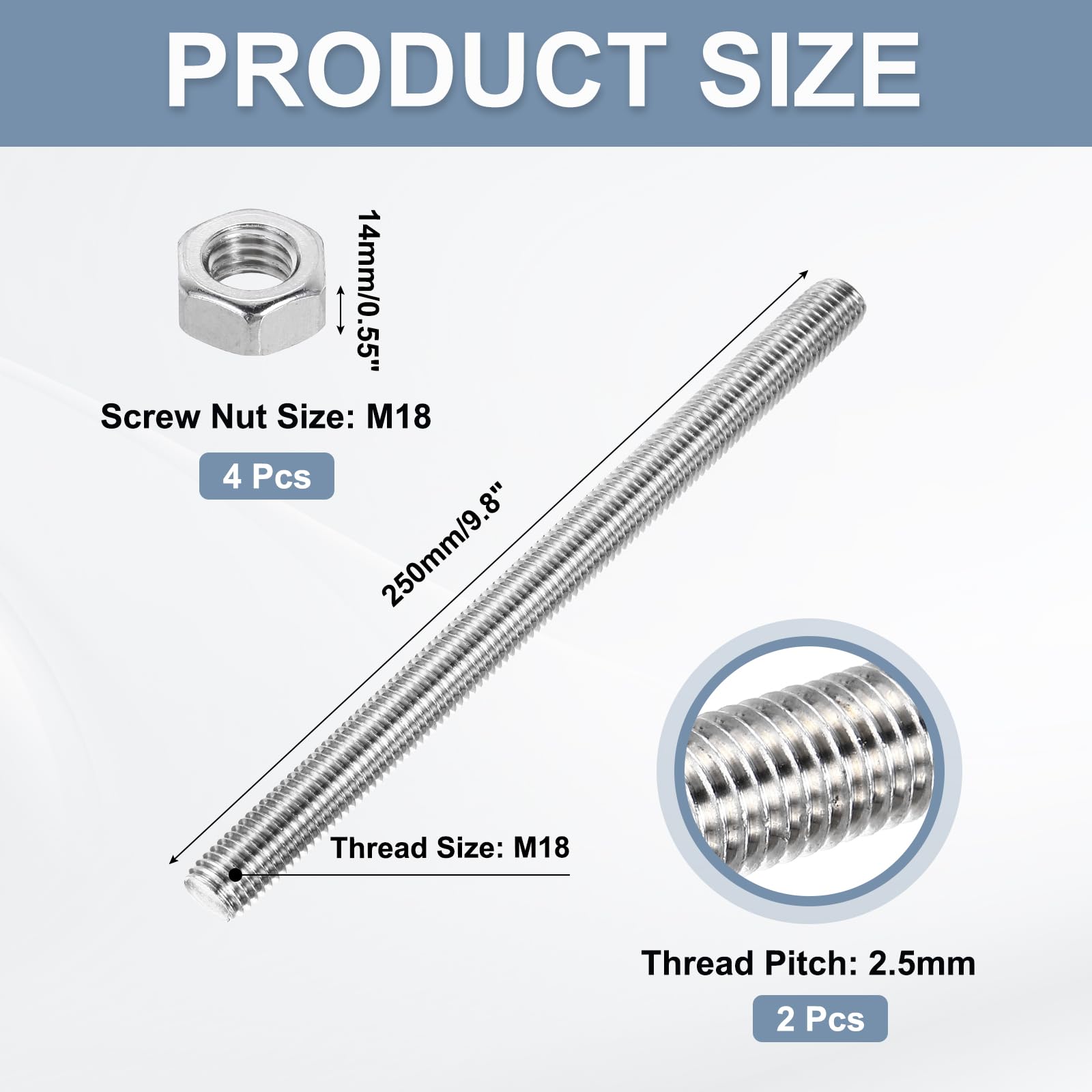 QUARKZMAN Barra Filettata Completa M18 x 250mm Passo Filetto 2.5mm 304 Acciaio Inossidabile Barre Filettate Destrorse Lunghe Con Dadi 2 Pezzi