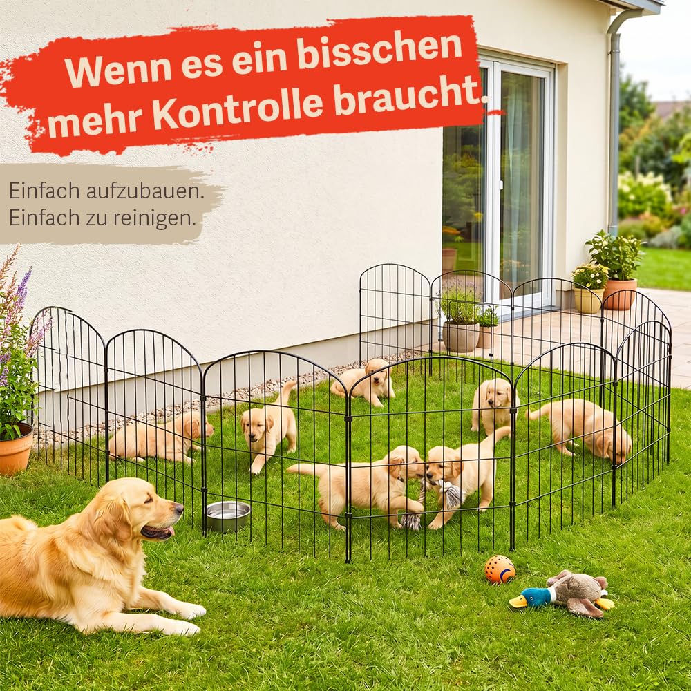 Zaun Gartenzaun Steckzaun Hundezaun Teichzaun für Garten Teich 10 Zaunelemente 43 cm hoch Metall Gitterzaun Oberbogen V2Aox, Schwarz