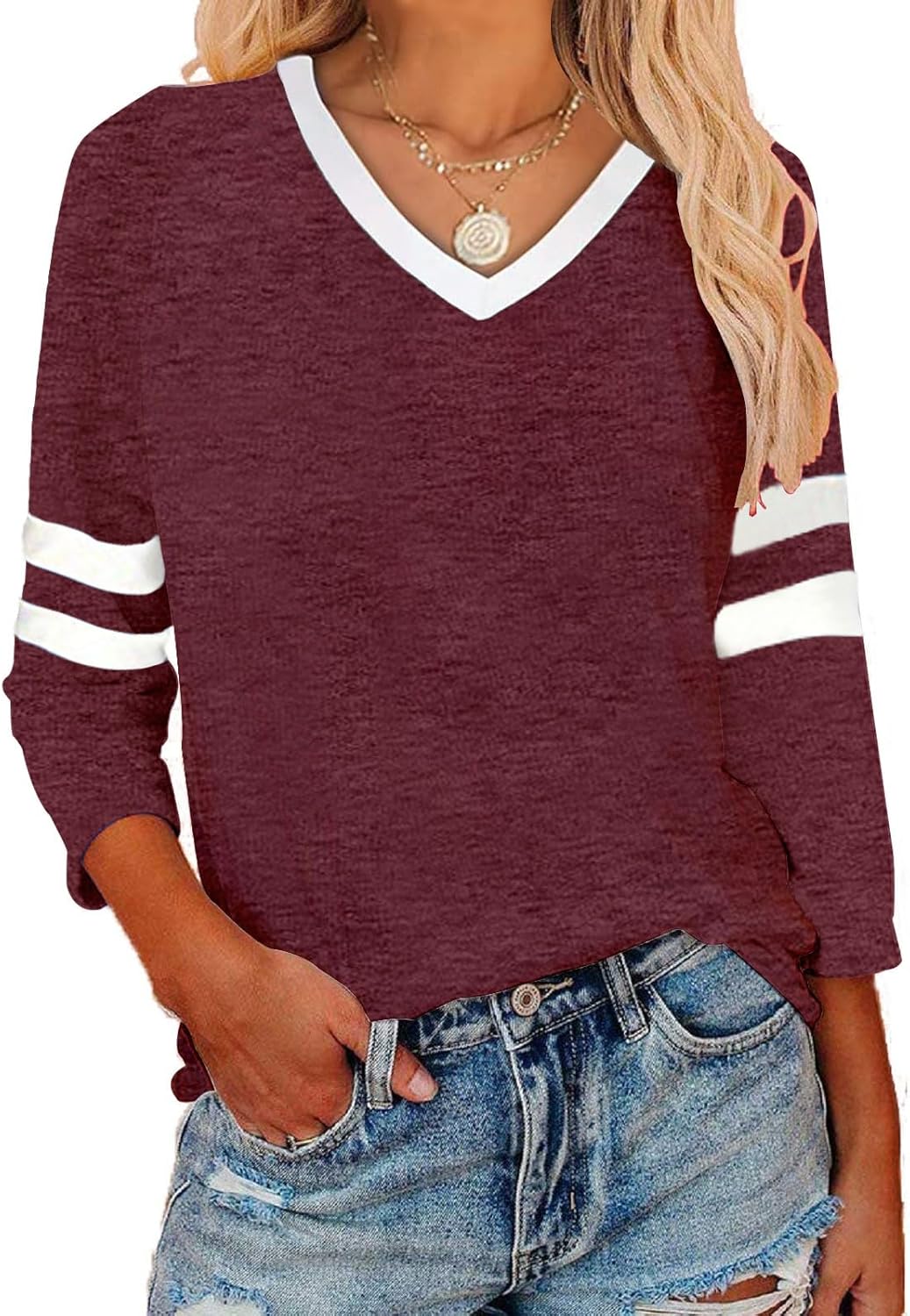 Womens Tops V Neck Color Block Tee Striped Tunics 3/4 Sleeve Fashion Comfy Shirt Basic Tshirts
