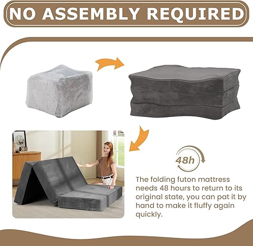 Miniatura 7 de Colchón de tres pliegues de 6 pulgadas, tamaño matrimonial, sofá cama plegable con funda extraíble lavable, colchón plegable de espuma viscoelástica