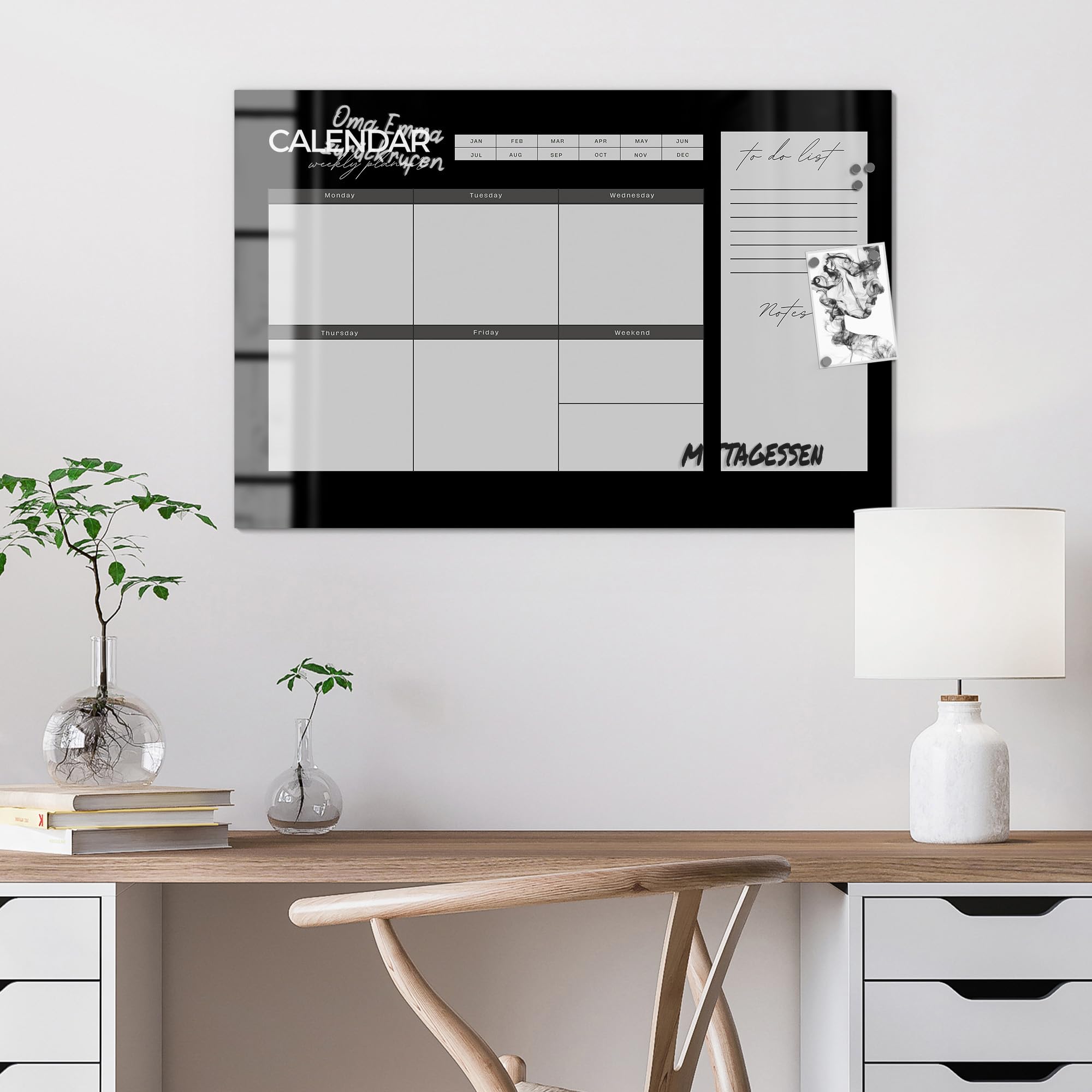 DEQORI Lavagna magnetica in vetro | 90 x 60 cm | motivo "Agenda settimanale nero (EN)" | Lavagna magnetica con magneti, penna e panno per cucina e ufficio, lavagna magnetica e scrivibile