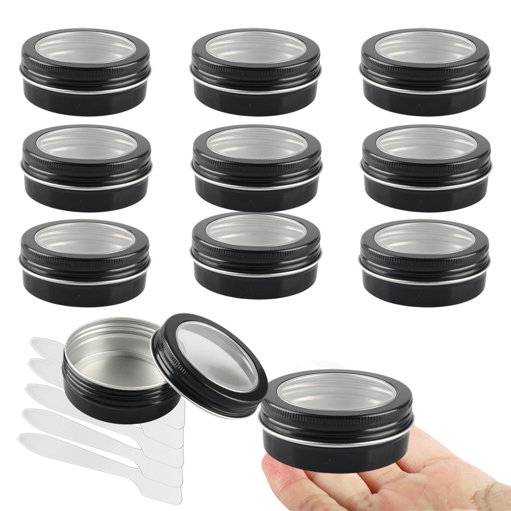 100 Piezas Tarros de Aluminio 60 ml Negro con Tapa Rosca Ventana – Lata Aluminio Redonda D68mm x H27mm – Botes Metálicos Pequeños para Cosmética, Velas DIY, Almacenamiento y Viaje