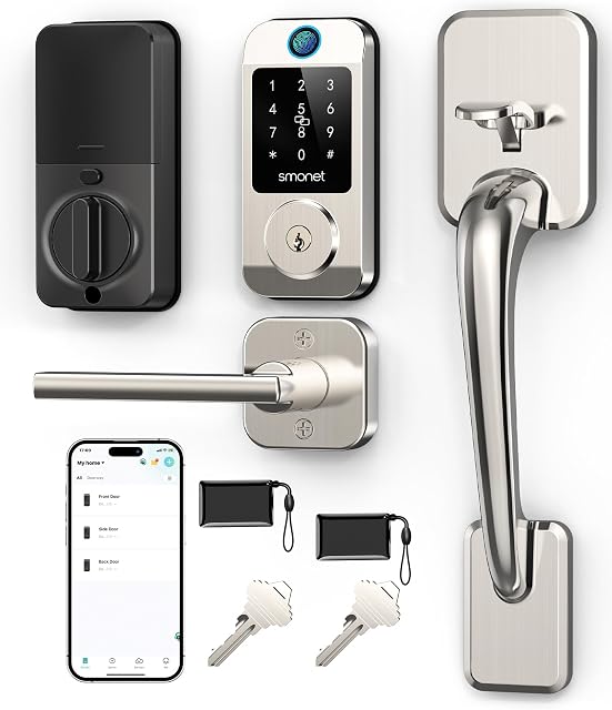 SMONET Verrouillage de porte sans clé avec poignée, intégré WiFi Serrures intelligentes pour porte d'entrée, Empreinte digitale Smart Deadbolt pour porte avant, APP Télécommande, Facile à installer, Auto-Lock, Argent