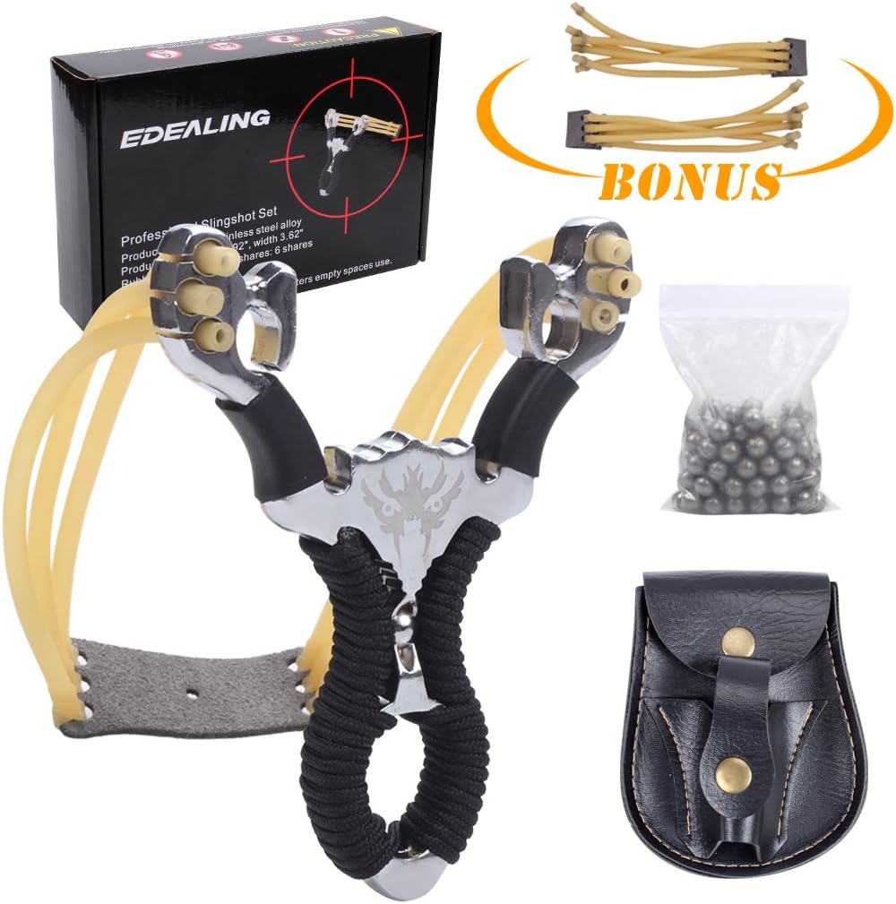 Professional Stainless Steel Slingshot Set Outdoor Hunting Catapult Powerful Slingshot Bow + 2pcs Rubber Bands Replacement + 50pcs Steel Balls + 1pcs Leather Bag