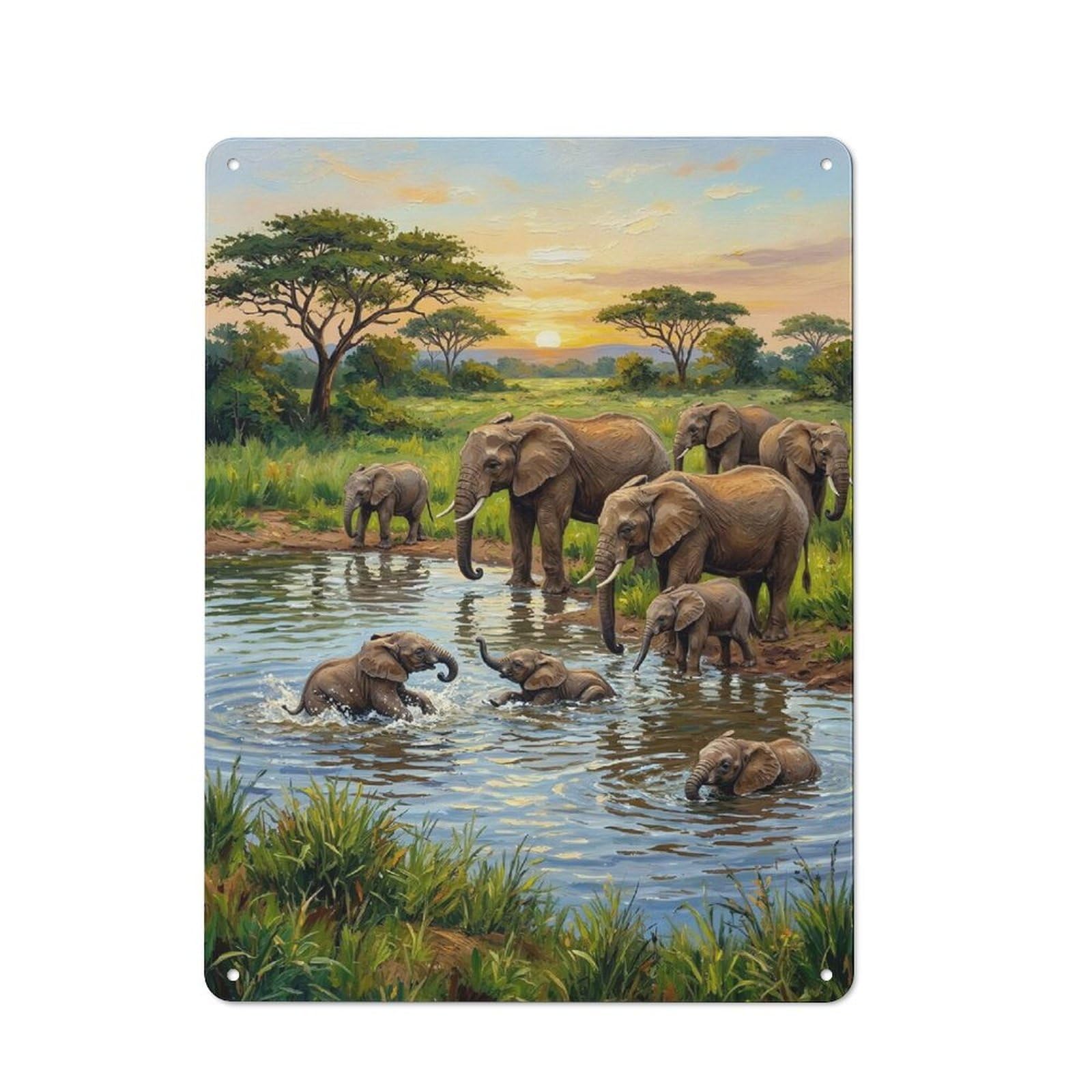 Junmoney Style-23 Workshop Style Elephants At Watering Hole Painting Tin Sign 40X30cm, Industrial Wall Art For Garage, Hobby Room, Office Or Man Cave