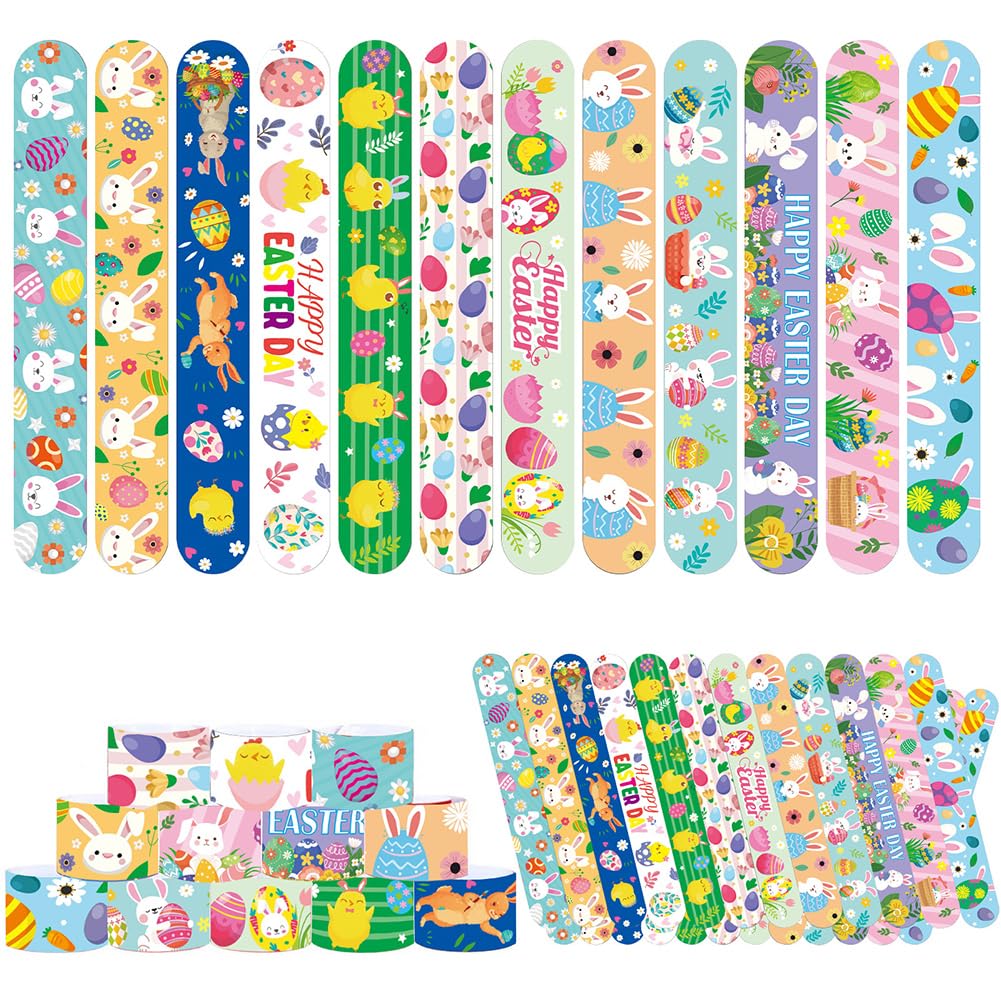 48 Piezas Pulseras Slap Pascua, Pulsera de Bofetadas Resurrección,Clap Bracelets Slap Band Cartoon Conejo Pollo Patrón Juguetes 12 Estilos Accesorios de Cumpleaños Fiesta Regalos para Niños Niñas