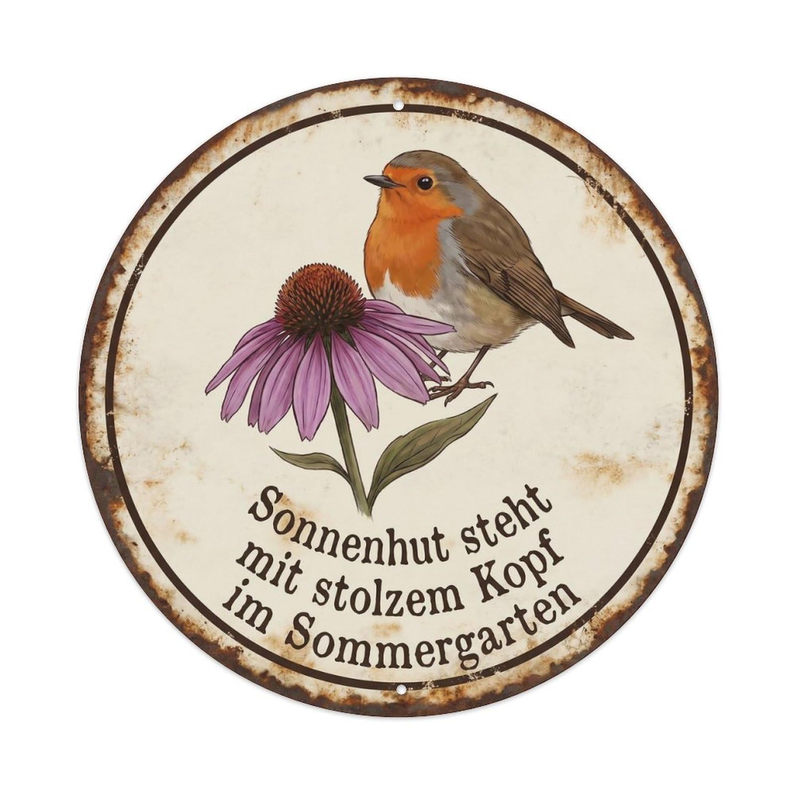 Robin Bird Garden Quote Coneflower RoundMetal Tin Sign