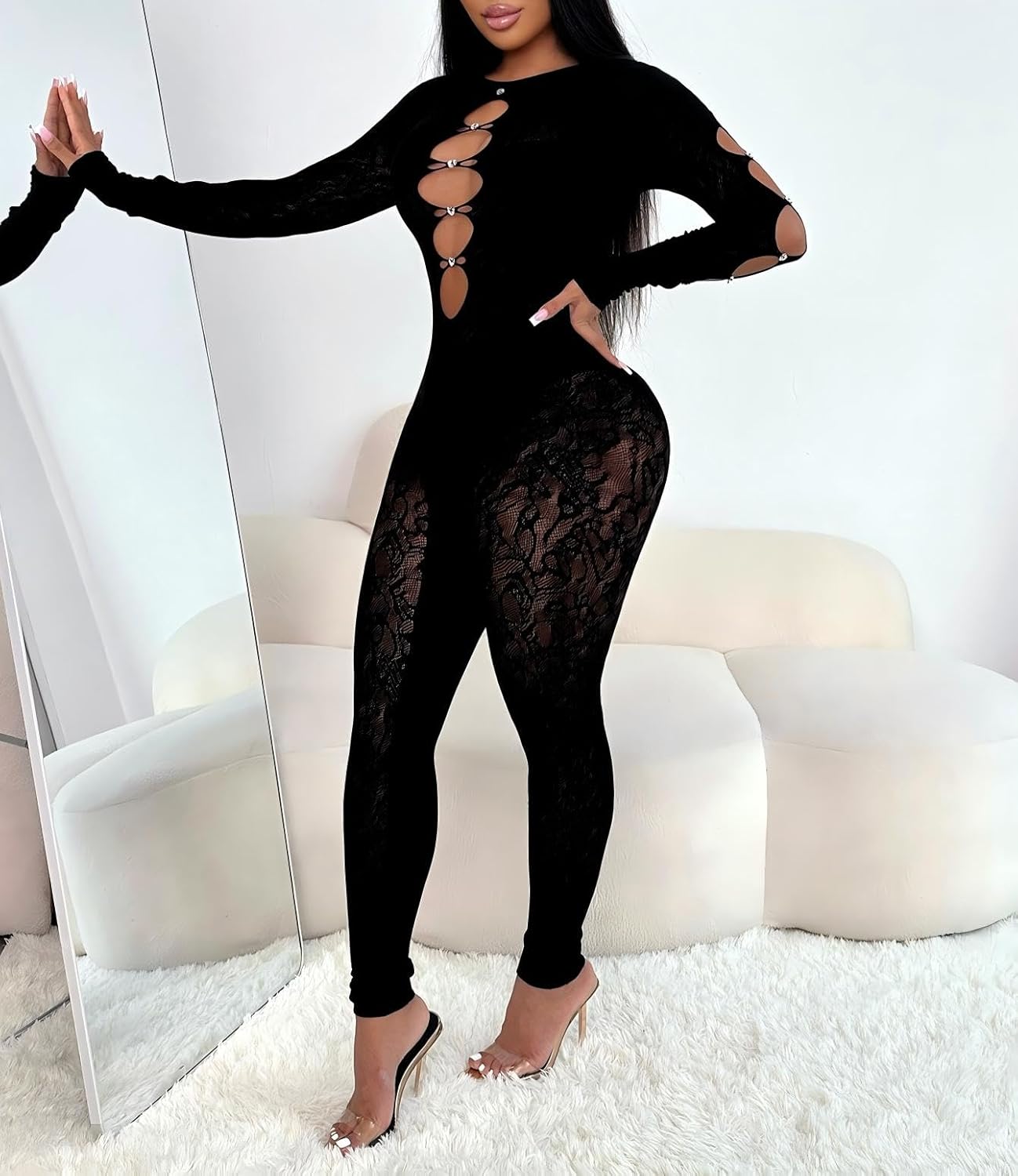Women’s Sexy Lace Mesh Jumpsuit Rhinestone Hollow Long Sleeve One Piece Bodysuit Club Party Outfits - Image 5