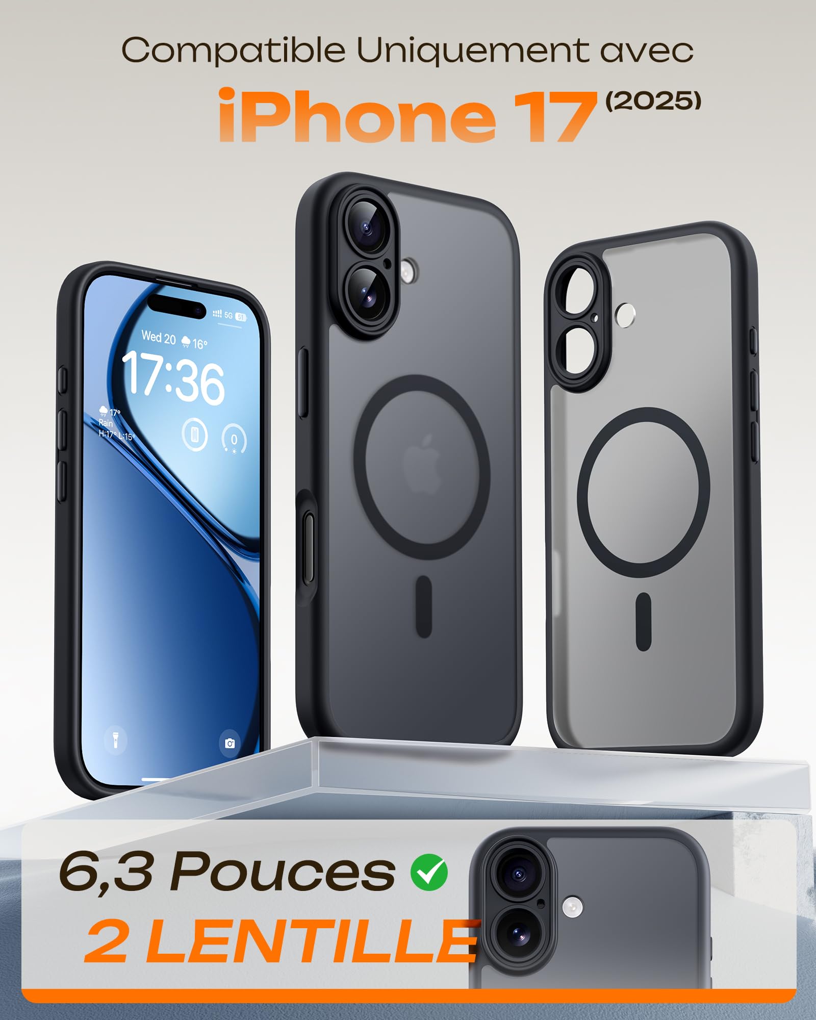 TOCOL Coque Magnétique pour iPhone 17 6,3 Pouces, Compatible avec MagSafe, Anneau Magnétique Intégré, Protection de l'objectif améliorée, Coque Mat Translucide Fine Antichoc, Noir
