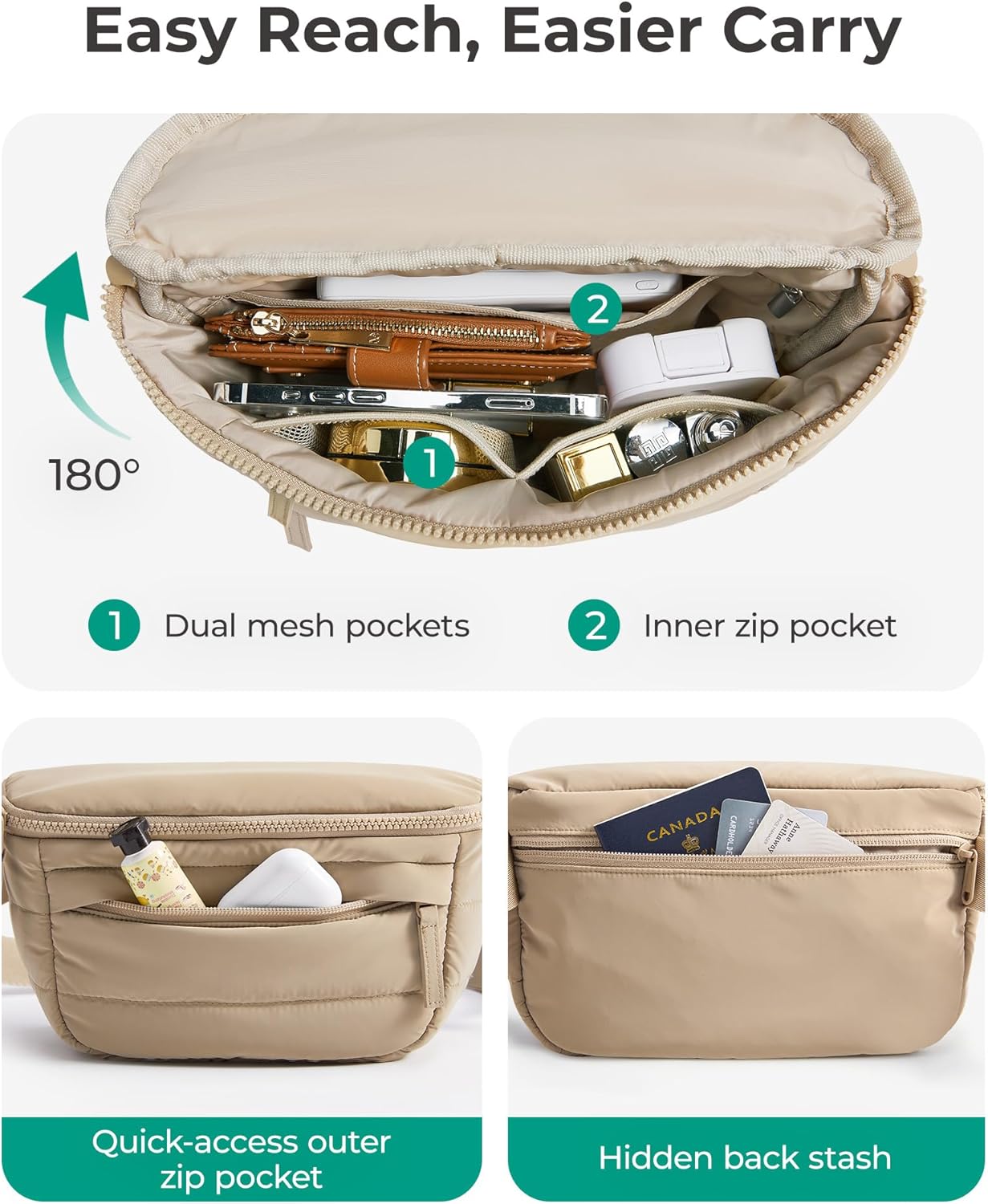 BAGSMART Fanny Packs for Women Two Way Zipper Belt Bag with Adjustable Strap, Puffy Fashion Waist Packs for Traveling Workout, Black - Image 3