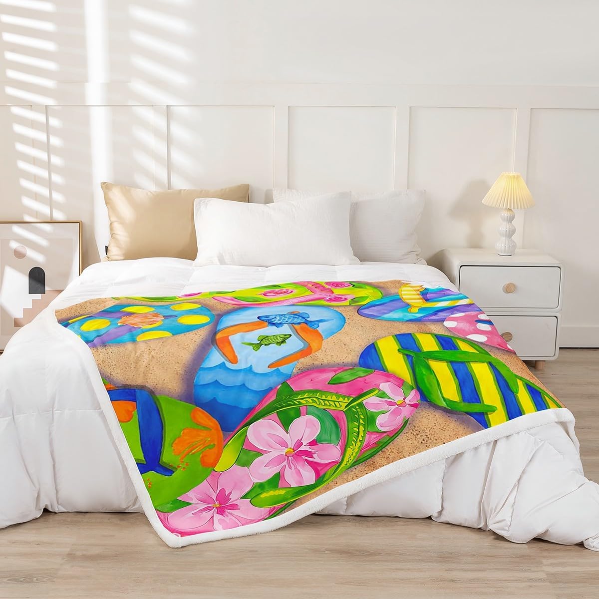 Colorful Flip-flops Bed Blanket Summer Theme Throw Blanket Lightweight Soft Cozy Luxury Beach Vacation Fleece Blanket Flip-flops Flannel Blanket for Sofa Bedroom Office Travel All Season(Twin 60"x80")