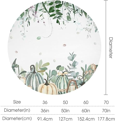 Miniatura 2 de Manteles redondos de eucalipto y calabaza de otoño, 70 x 70 pulgadas, para decoración de cocina, comedor, lavable, reutilizable, Acción de Gracias,