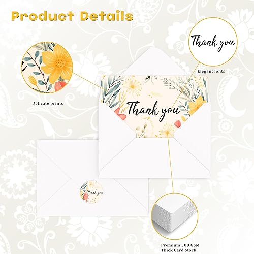 Miniatura 2 de HISDEAR Tarjetas de agradecimiento con sobres y calcomanías, 100 piezas de diseño floral pintado para bodas, baby shower, negocios, despedidas de