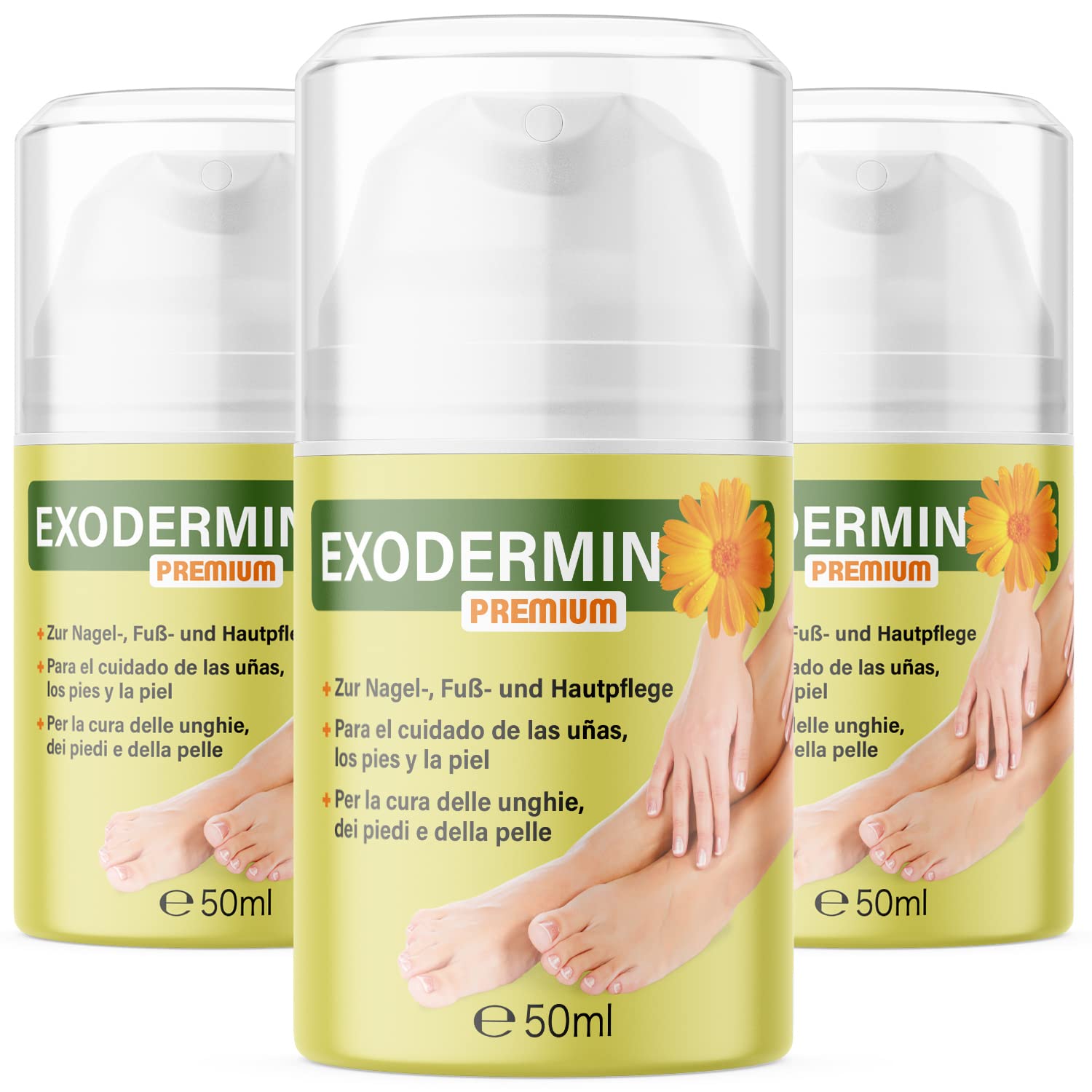 Exodermin Crema Premium - crema de pies para el cuidado diario de las uñas, los pies y la piel/en un práctico dispensador de bomba / 50 ml (3x)